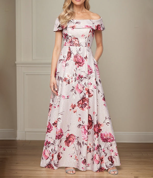 A-Line Off the Shoulder Satin Floral Mother of the Bride Dress With Pockets