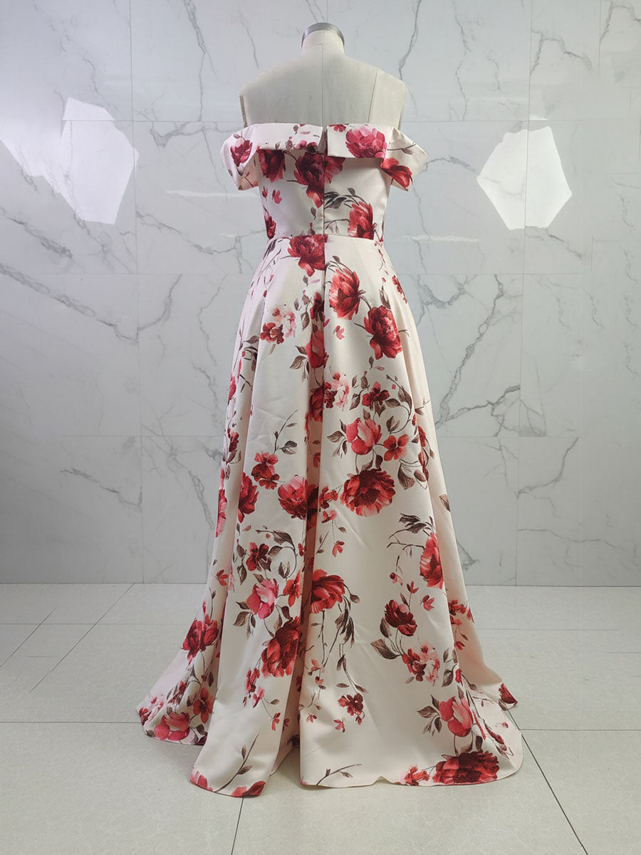 A-Line Off the Shoulder Satin Floral Mother of the Bride Dress With Pockets