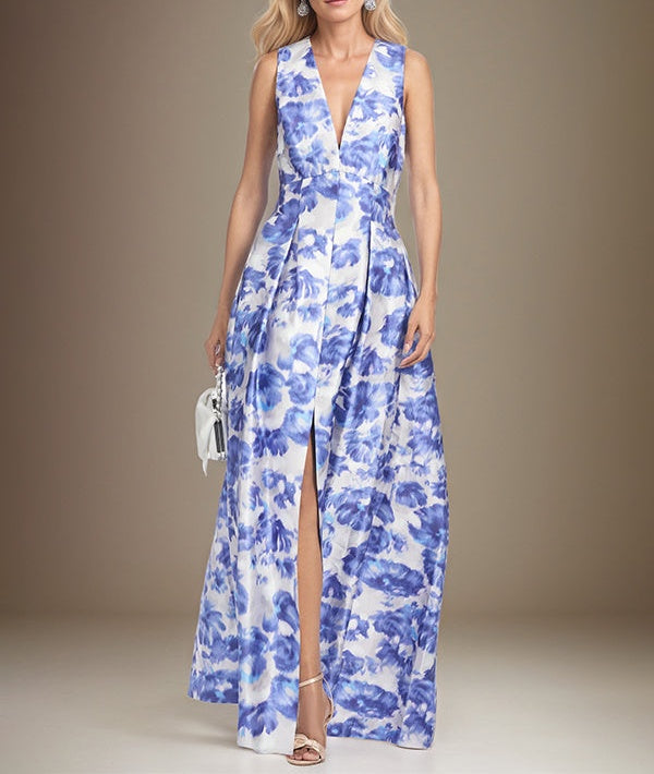 A-line V-Neck Azure Floral Mother of the Bride Dress