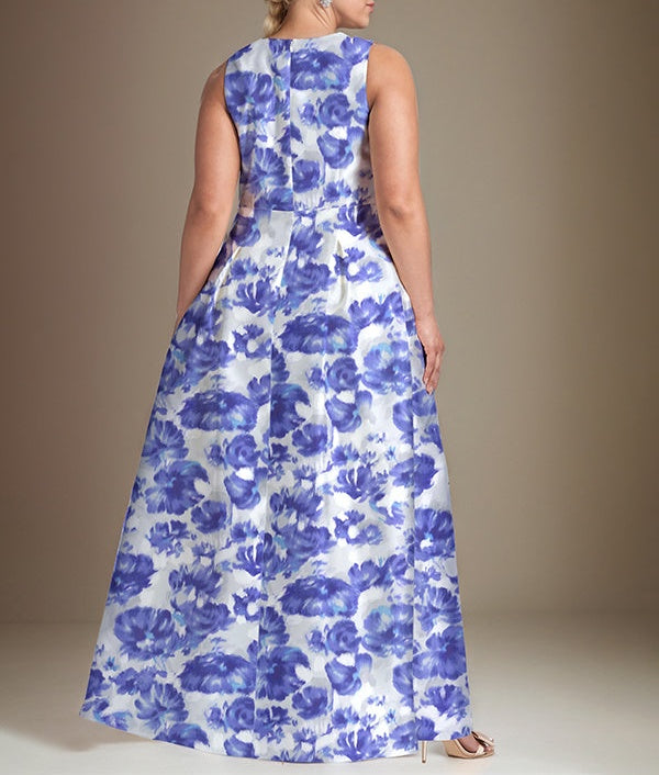 A-line V-Neck Azure Floral Mother of the Bride Dress