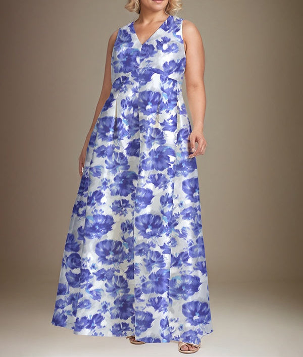 A-line V-Neck Azure Floral Mother of the Bride Dress