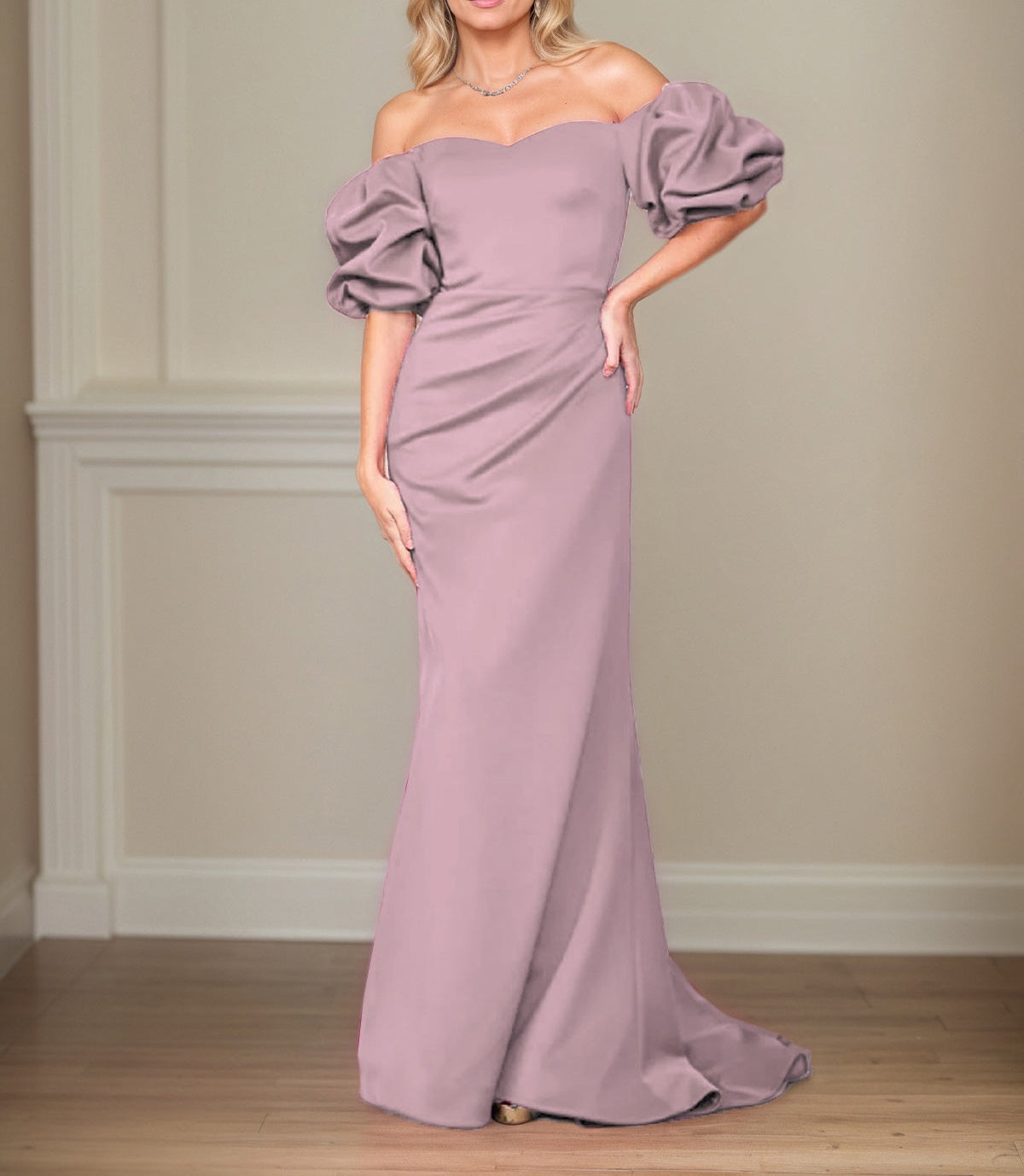 Satin Sheath/Column Off The Shoulder Puff Sleeves Floor Length Mother of the Bride Dresses