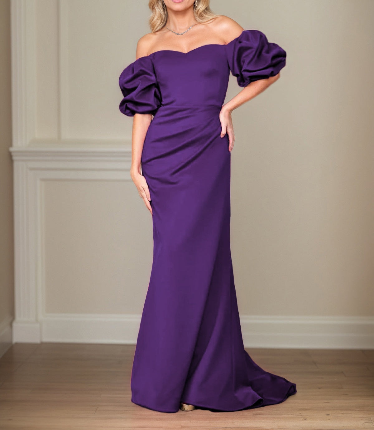 Satin Sheath/Column Off The Shoulder Puff Sleeves Floor Length Mother of the Bride Dresses