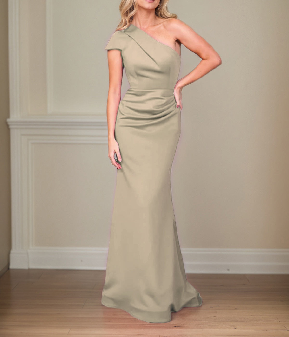 Satin Sheath/Column One Shoulder Short Sleeves Floor Length Mother of the Bride Dresses