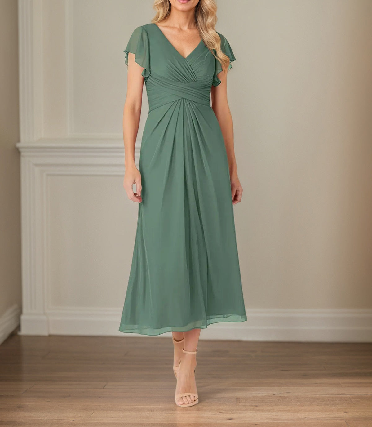Green A Line Chiffon V Neck Short Sleeves Tea Length Mother of the Bride Dresses