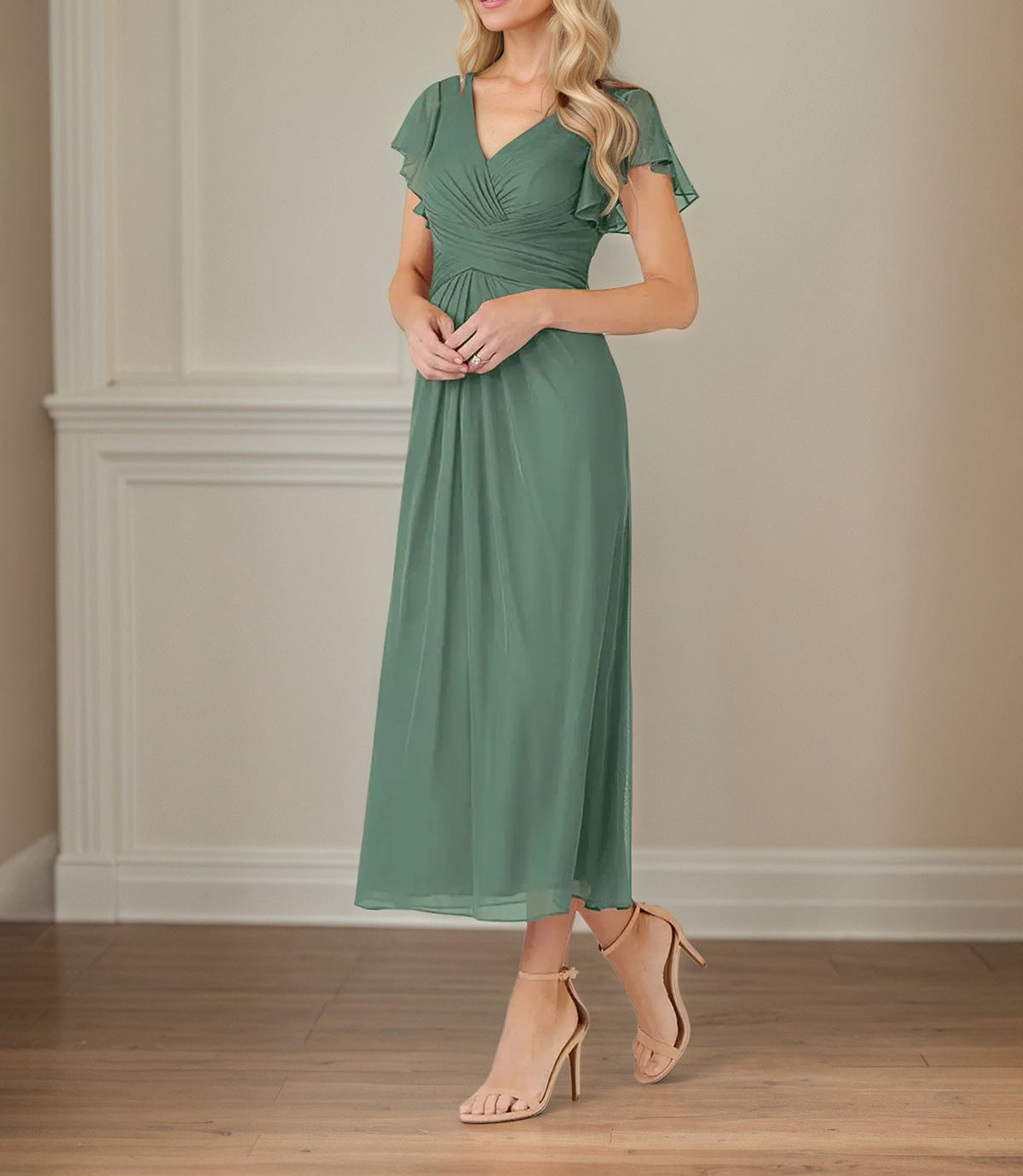 Green A Line Chiffon V Neck Short Sleeves Tea Length Mother of the Bride Dresses