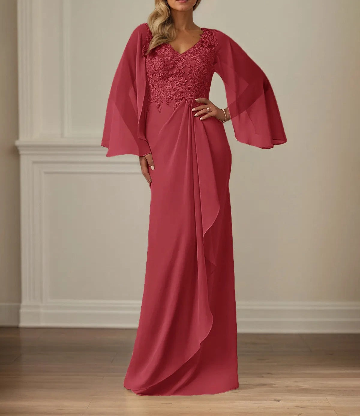 Sheath/Column Chiffon V Neck Long Sleeves Floor Length Mother of the Bride Dresses With Appliques