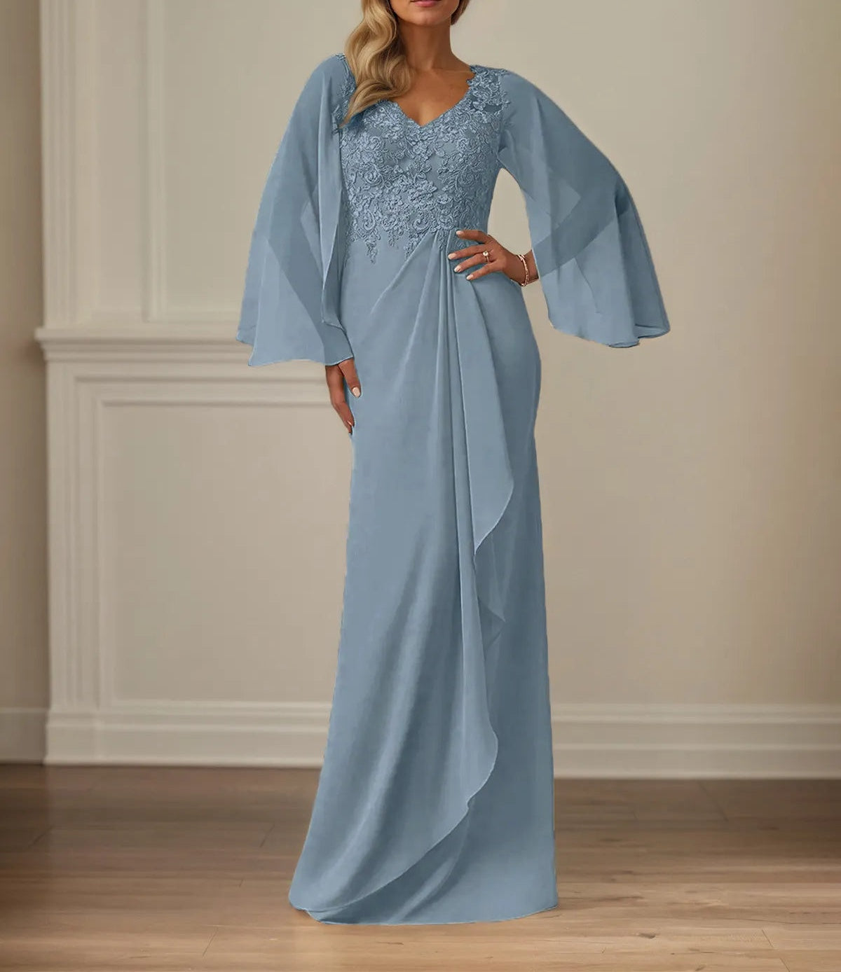 Sheath/Column Chiffon V Neck Long Sleeves Floor Length Mother of the Bride Dresses With Appliques