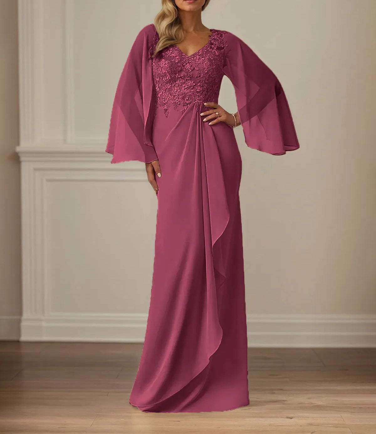 Sheath/Column Chiffon V Neck Long Sleeves Floor Length Mother of the Bride Dresses With Appliques