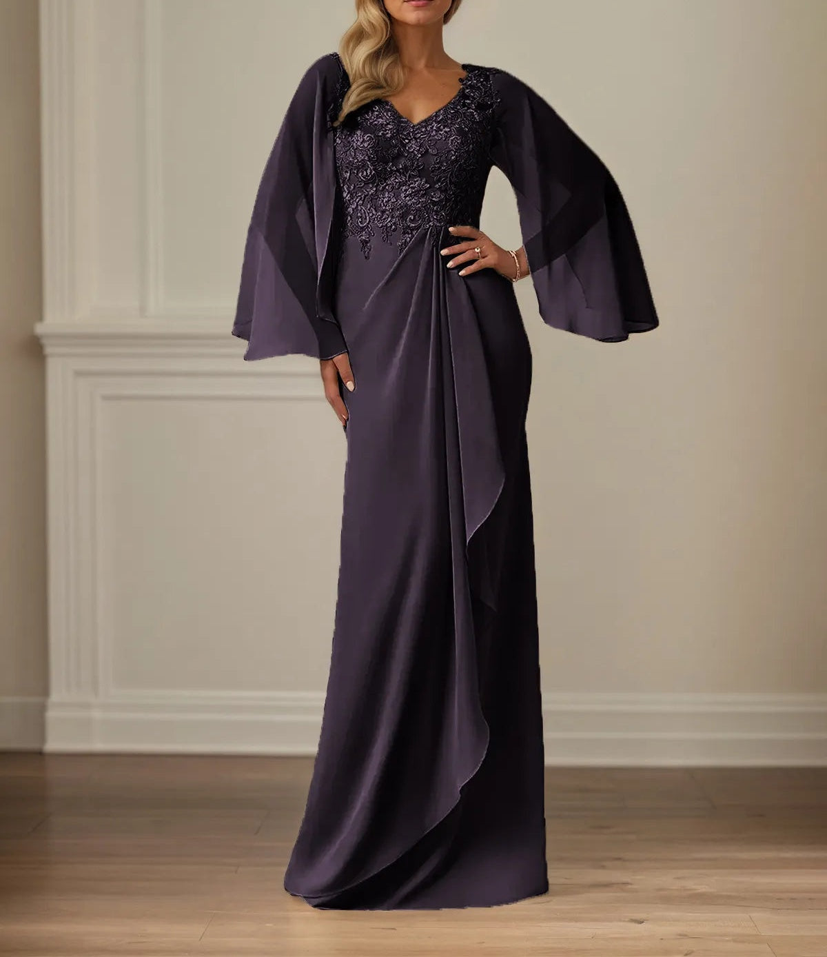 Sheath/Column Chiffon V Neck Long Sleeves Floor Length Mother of the Bride Dresses With Appliques
