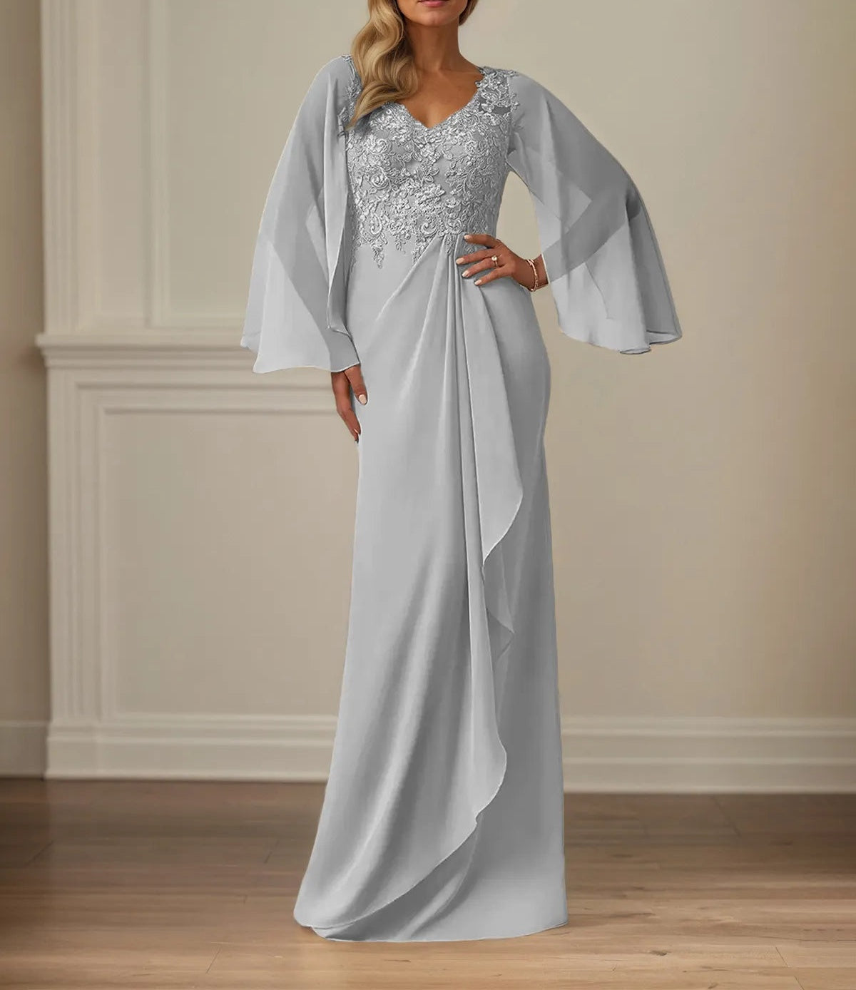 Sheath/Column Chiffon V Neck Long Sleeves Floor Length Mother of the Bride Dresses With Appliques