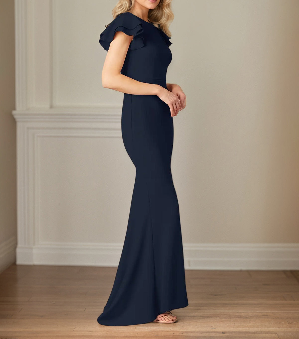 Sheath/Column Chiffon Scoop Neck Short Sleeves Floor Length Mother of the Bride Dresses With Ruffles