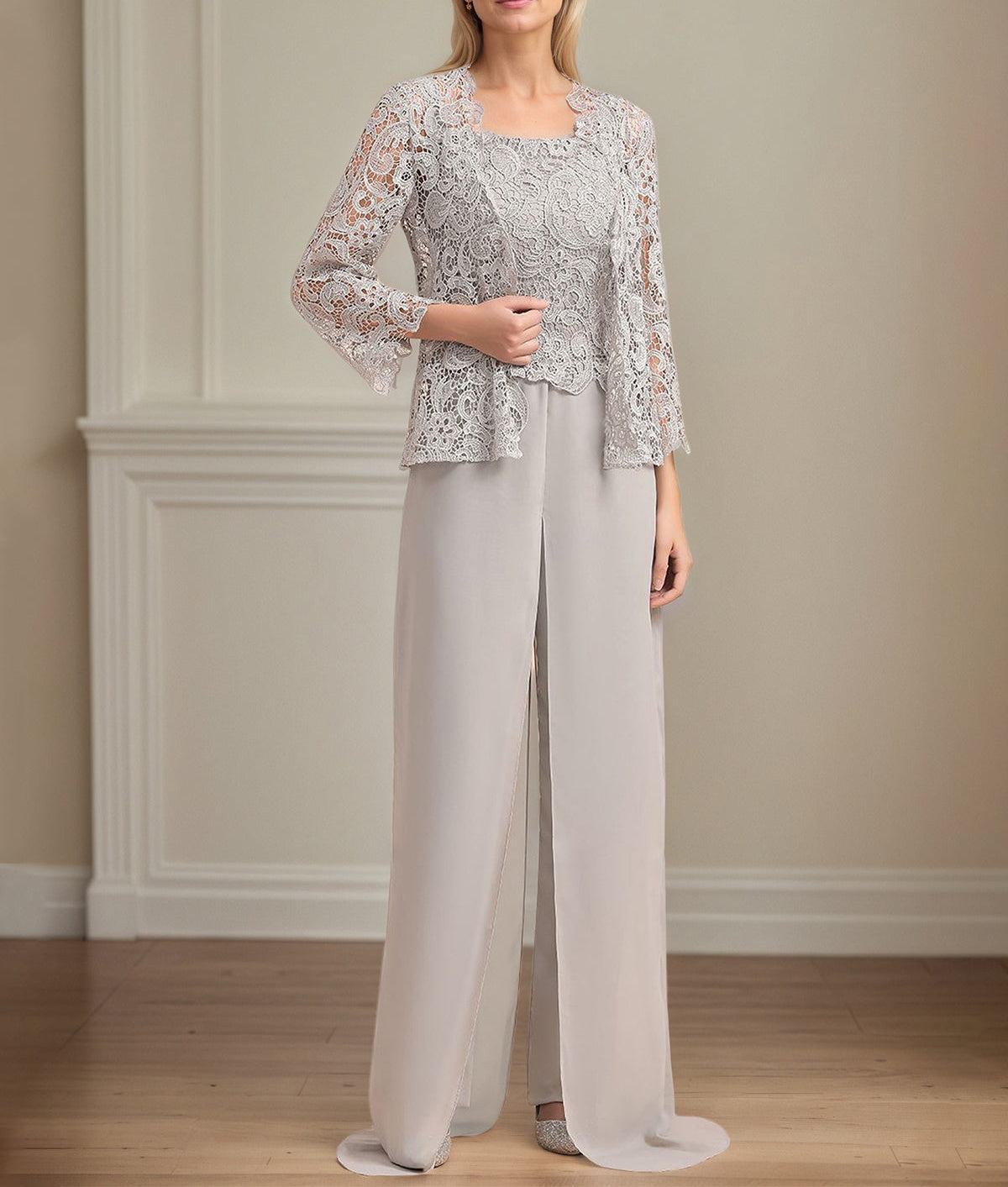 Chiffon Square Neck Sleeveless Floor Length Pleated Mother of the Bride Pantsuits