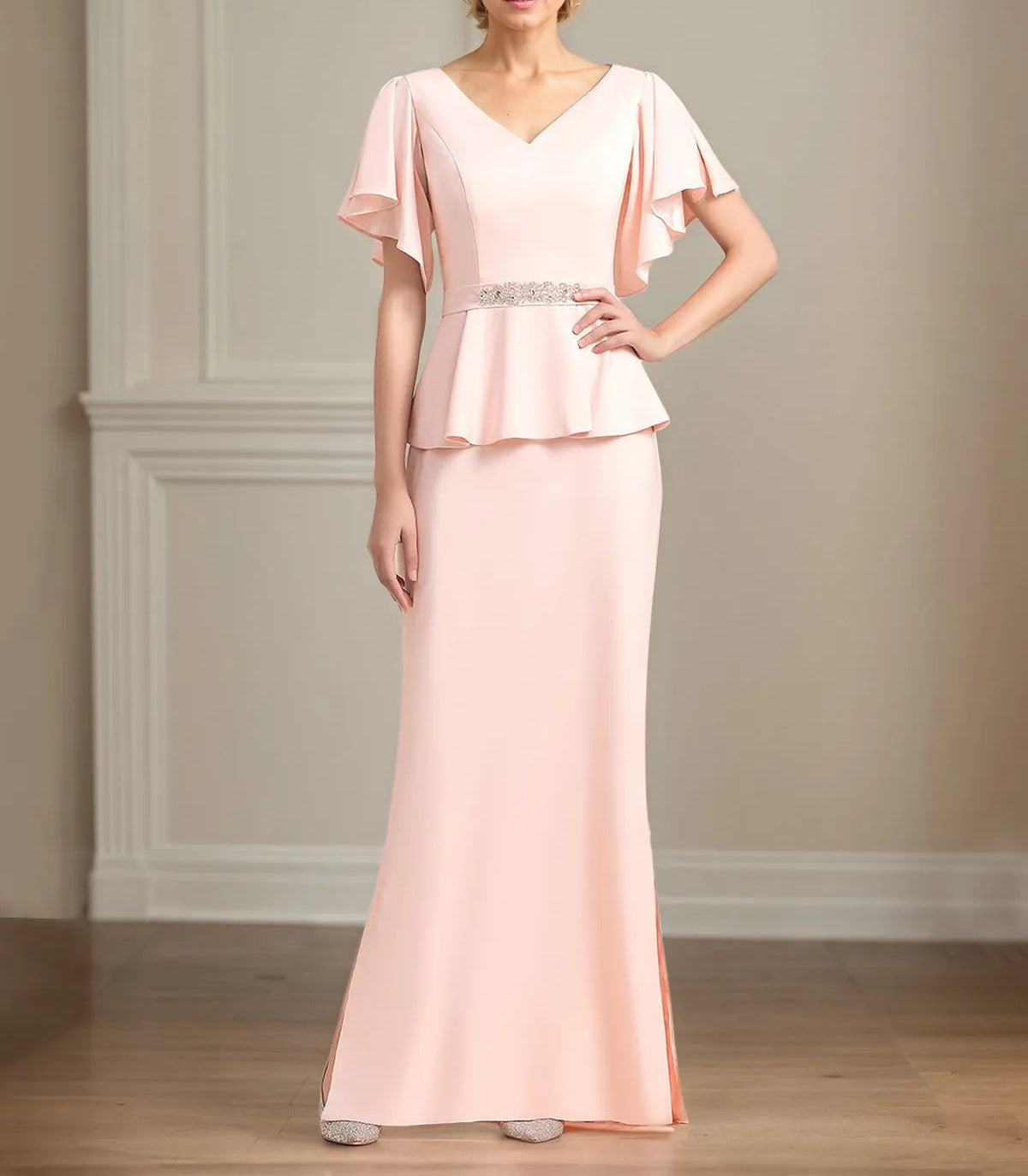 Chiffon V Neck Short Sleeves Floor Length Pleated Mother of the Bride Dresses With Ruffles