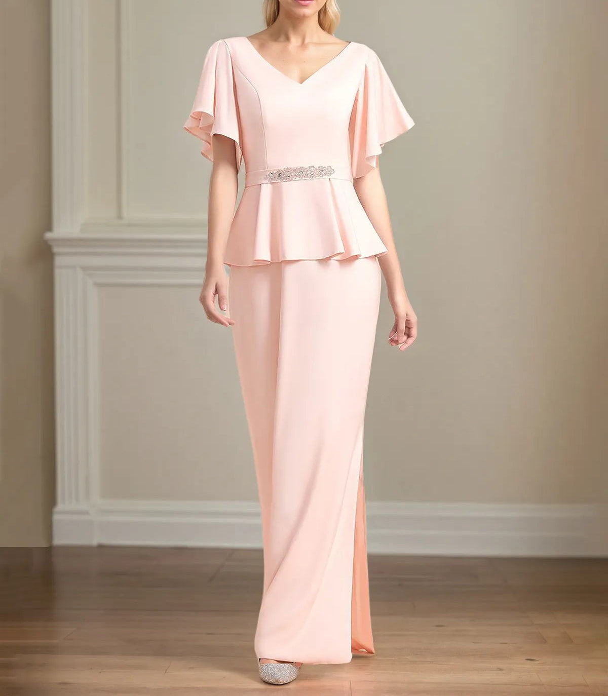 Chiffon V Neck Short Sleeves Floor Length Pleated Mother of the Bride Dresses With Ruffles