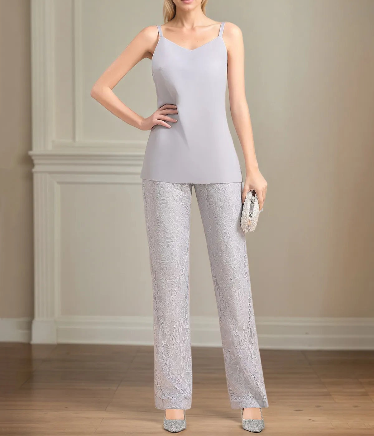 Chiffon V Neck Sleeveless Floor Length Mother of the Bride Pantsuits With Appliques