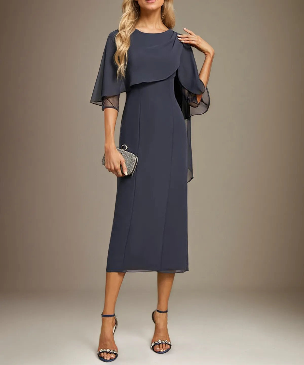 Sheath/Column Scoop Tea Length Chiffon Dress With Pleated Beading