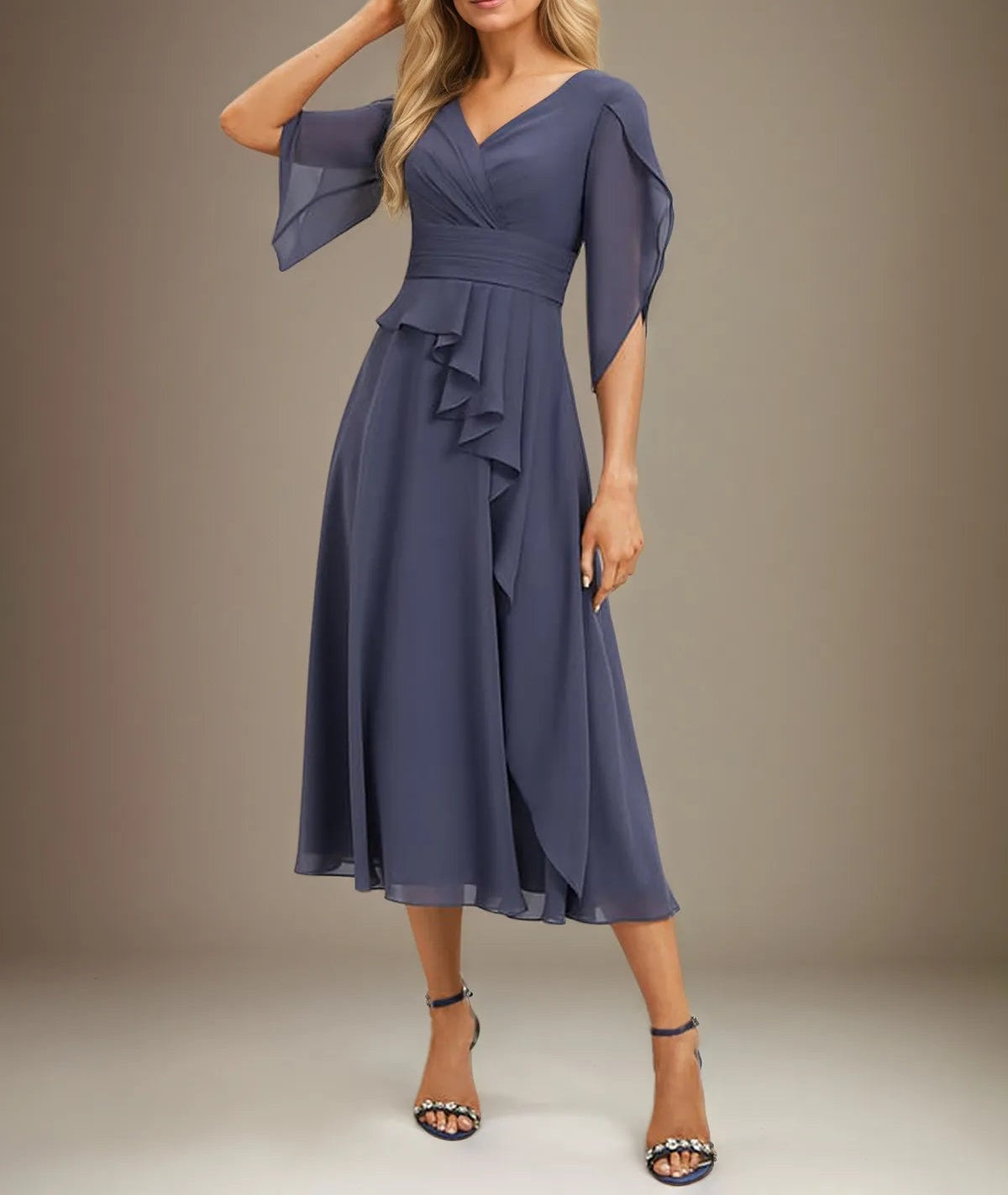 A Line V-Neck Tea-Length Chiffon Mother Of Bride Dresses With Pleated