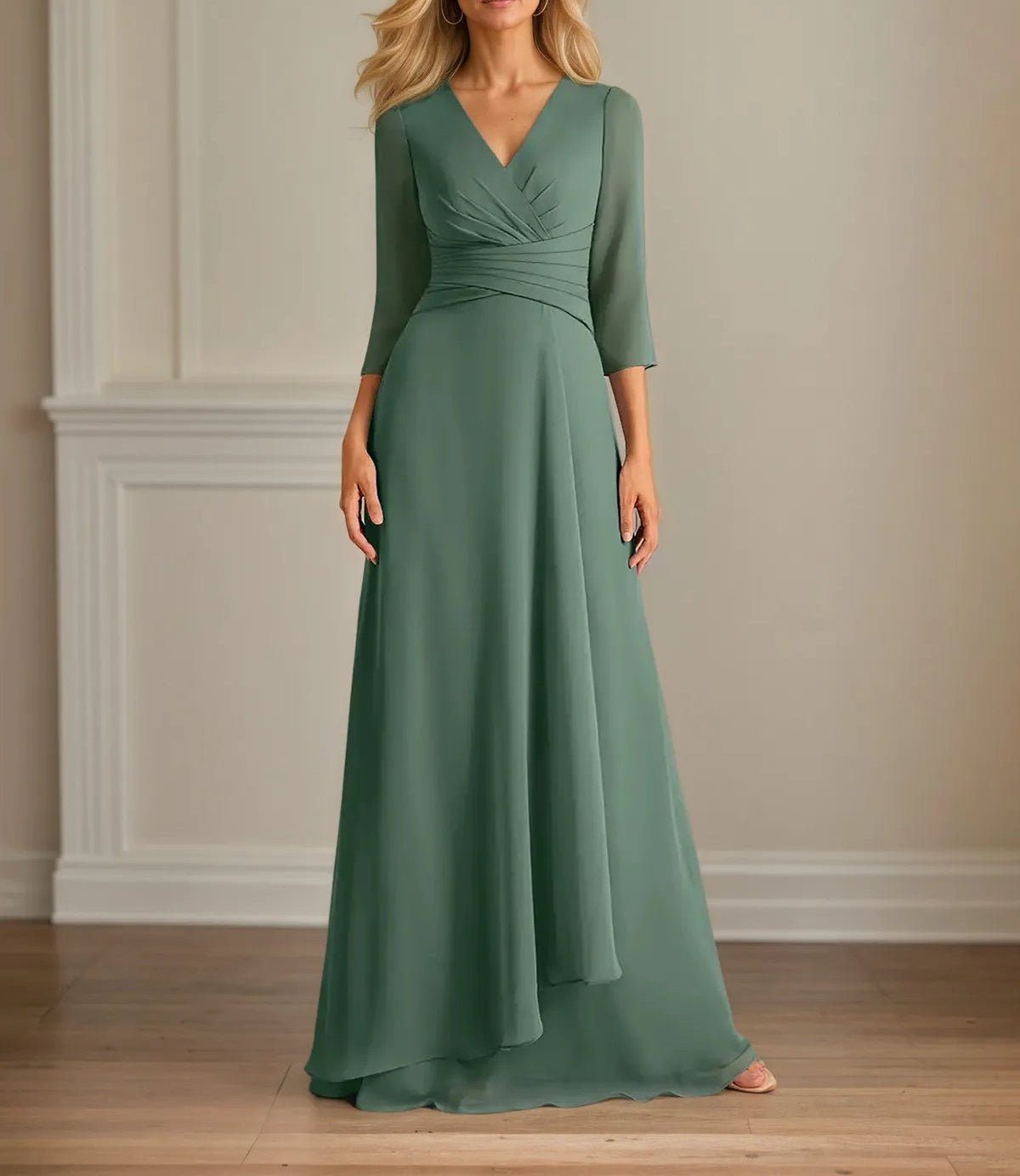 A Line V Neck 3/4 Sleeves Floor-Length Chiffon Dress With Pleated