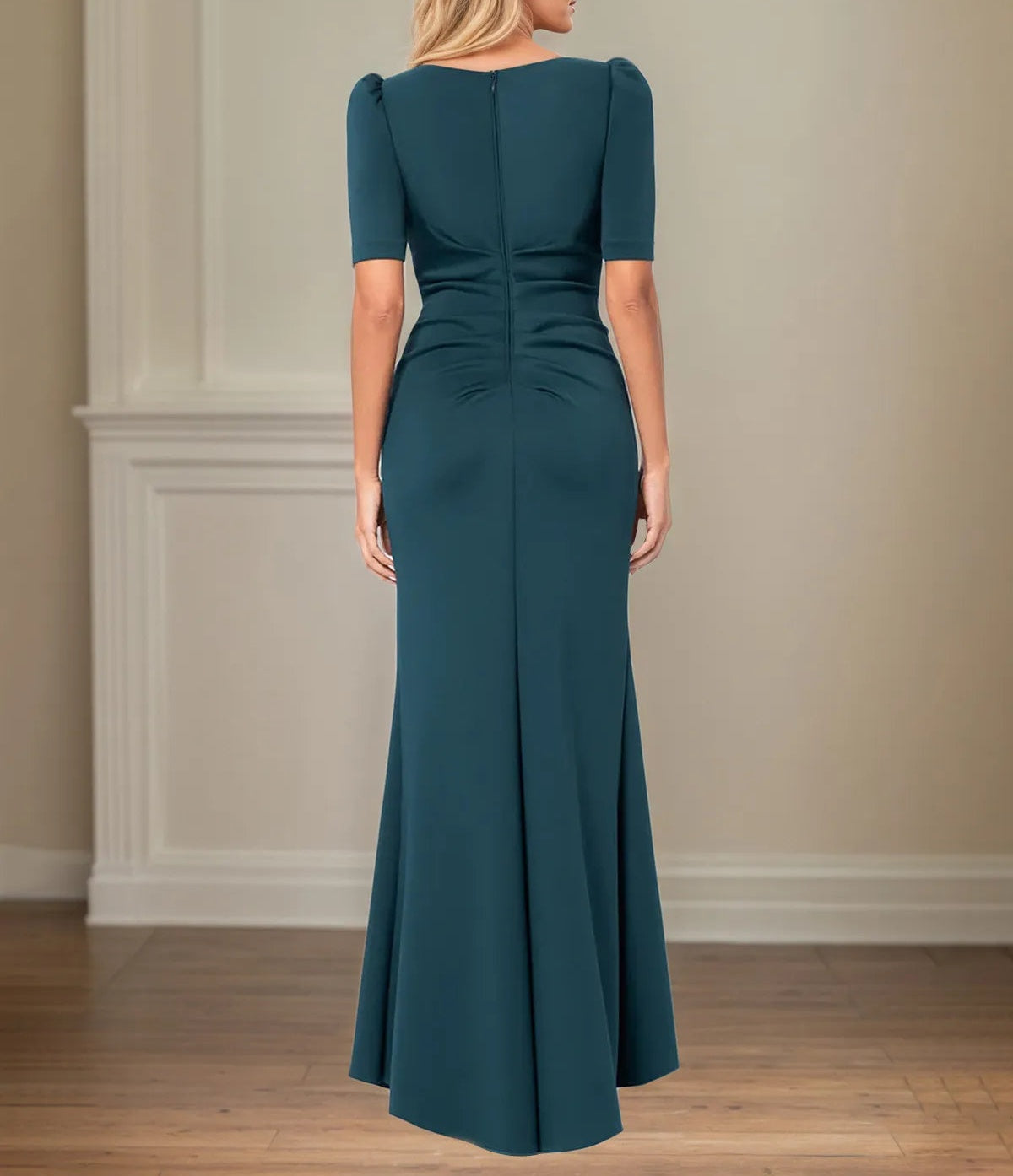 Trumpet/Mermaid Scoop Neck Short Sleeve Floor Length Stretch Crepe Mother of the Bride Dress With Ruffles