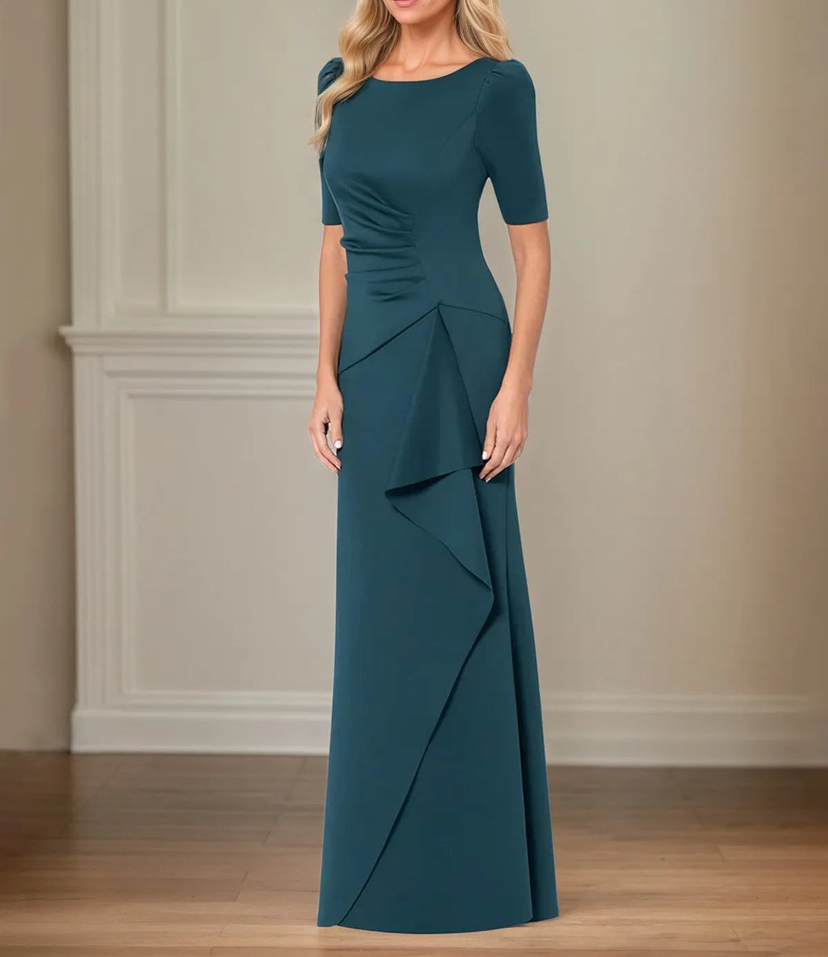Trumpet/Mermaid Scoop Neck Short Sleeve Floor Length Stretch Crepe Mother of the Bride Dress With Ruffles