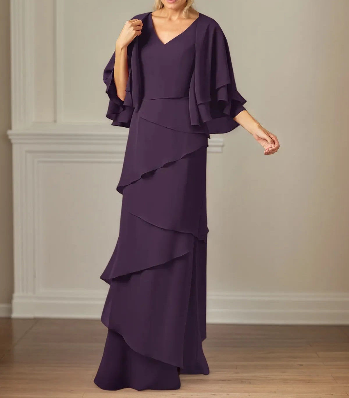 A Line V Neck Flutter Sleeve Floor Length Chiffon Mother of the Bride Dress