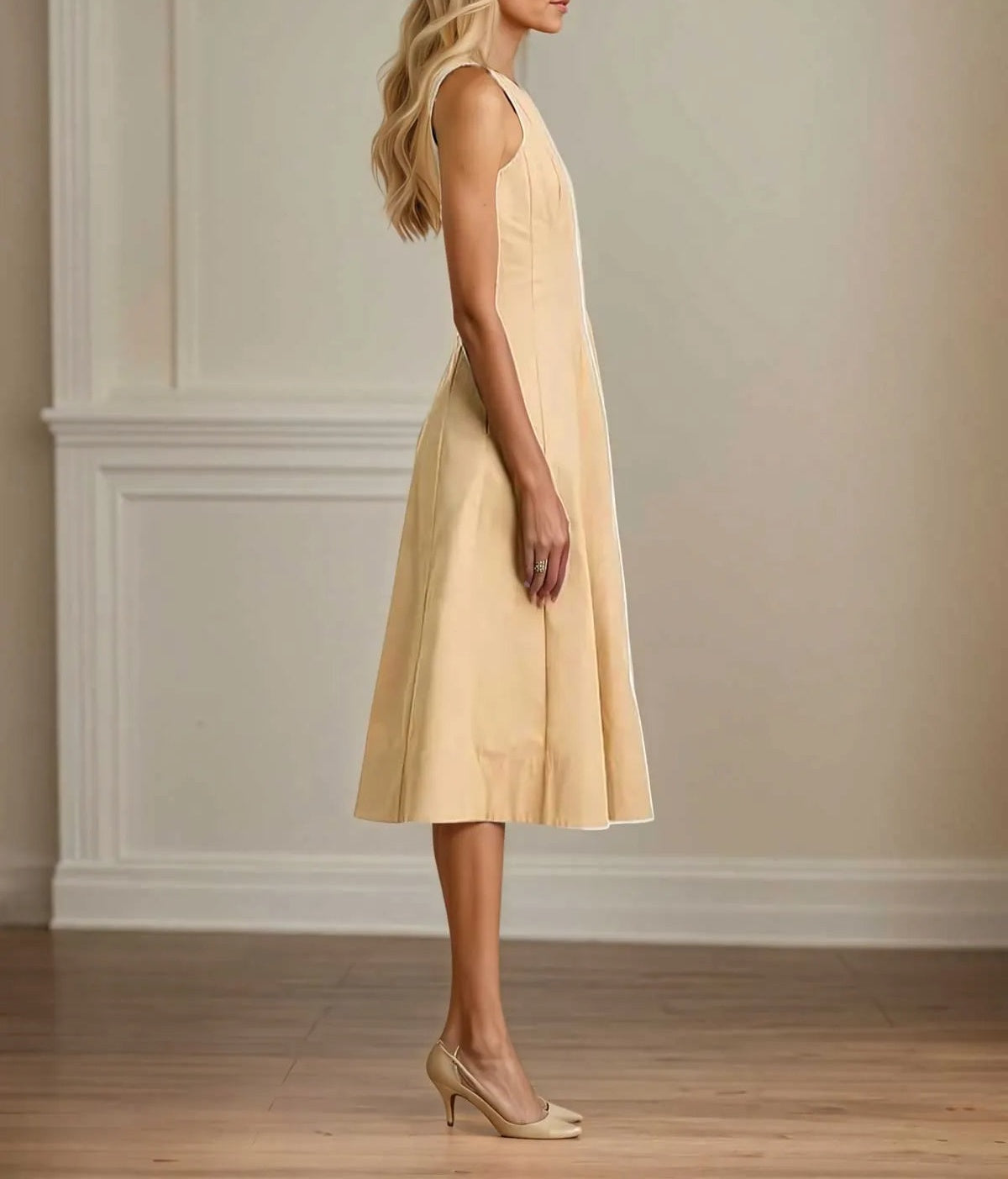 A Line V Neck Sleeveless Tea Length Stretch Crepe Mother of the Bride Dress