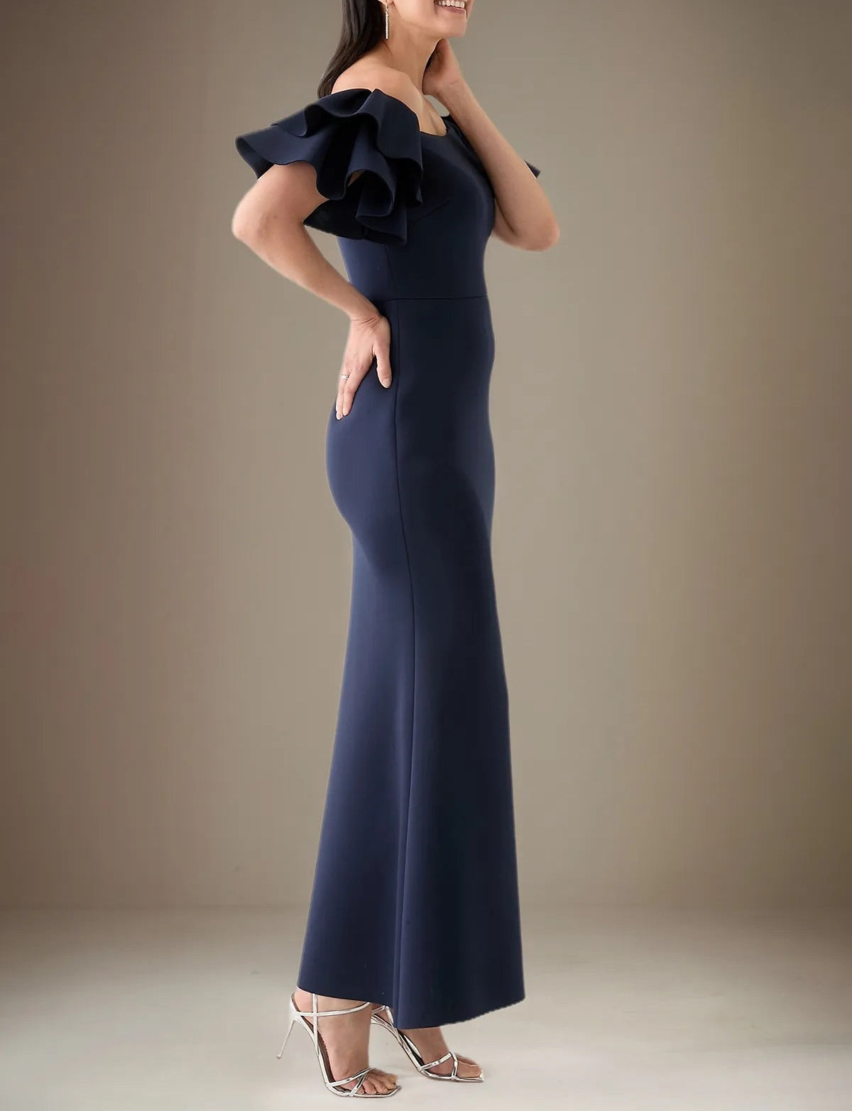 Trumpet/Mermaid Stretch Crepe Off The Shoulder Short Sleeves Ankle Length Dress