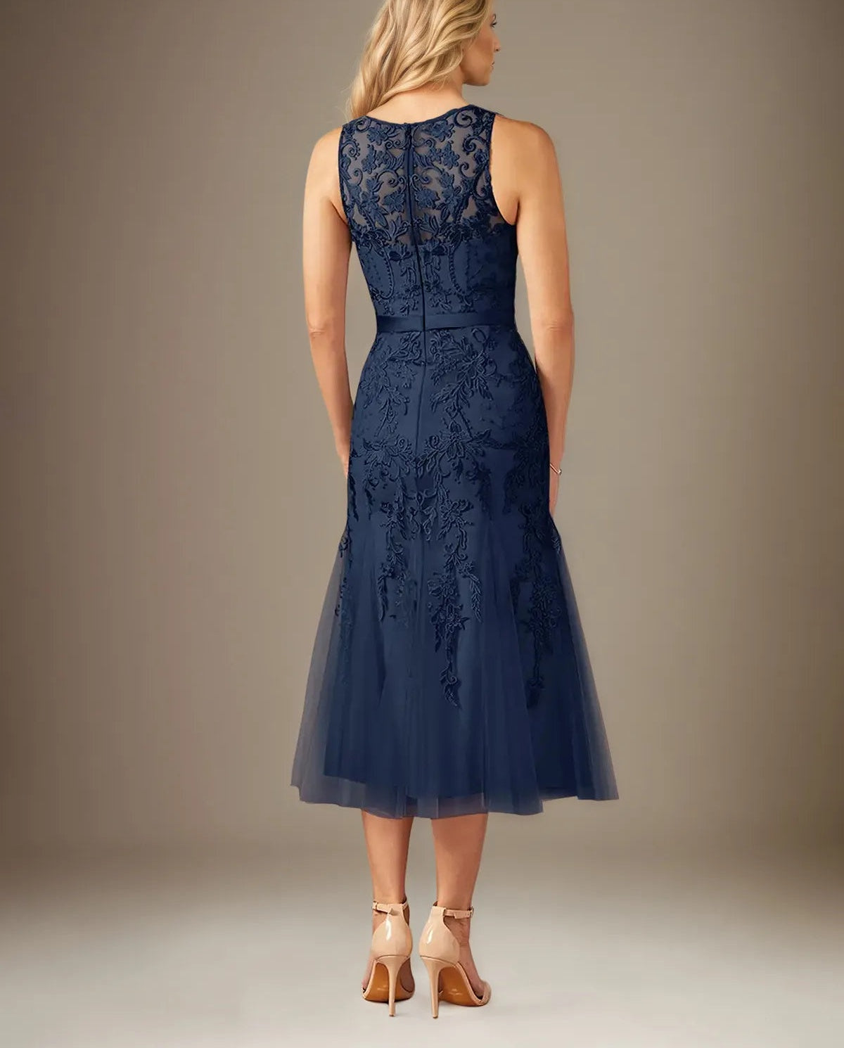 Sheath/Column Lace Scoop Neck Sleeveless Tea Length Dress