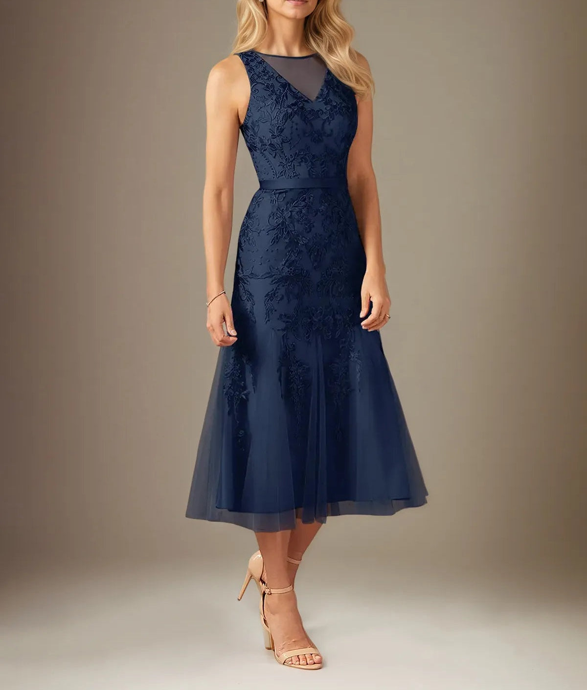 Sheath/Column Lace Scoop Neck Sleeveless Tea Length Dress