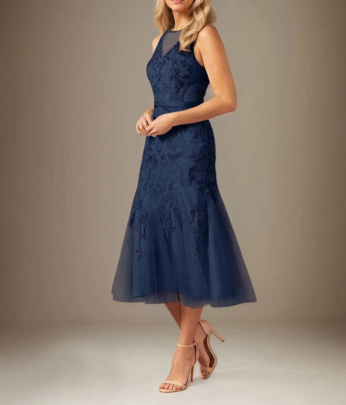 Sheath/Column Lace Scoop Neck Sleeveless Tea Length Dress