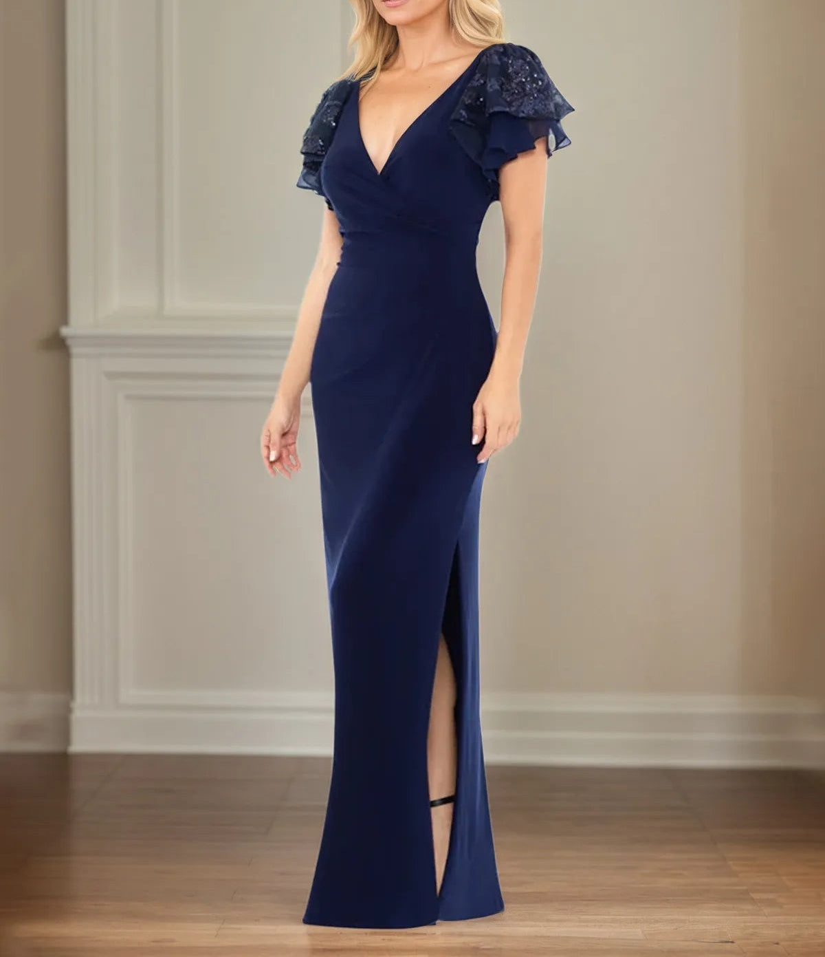 Sheath/Column Stretch Crepe V Neck Short Sleeve Floor Length Dress With Ruffles