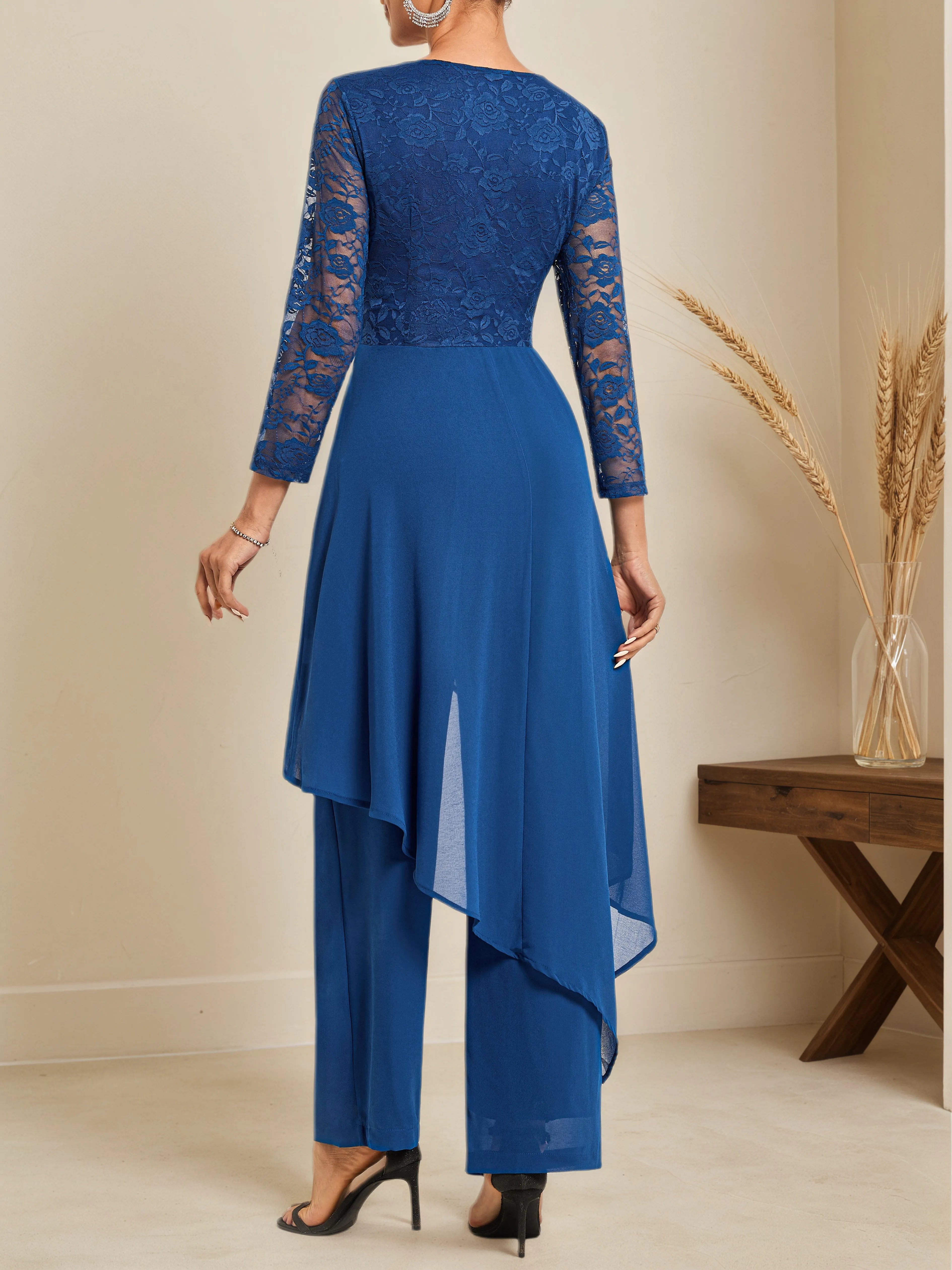Women Blue Lace V Neck Three Quarter Sleeve Mother of the Bride or Groom Top With Pants Two-Piece Set