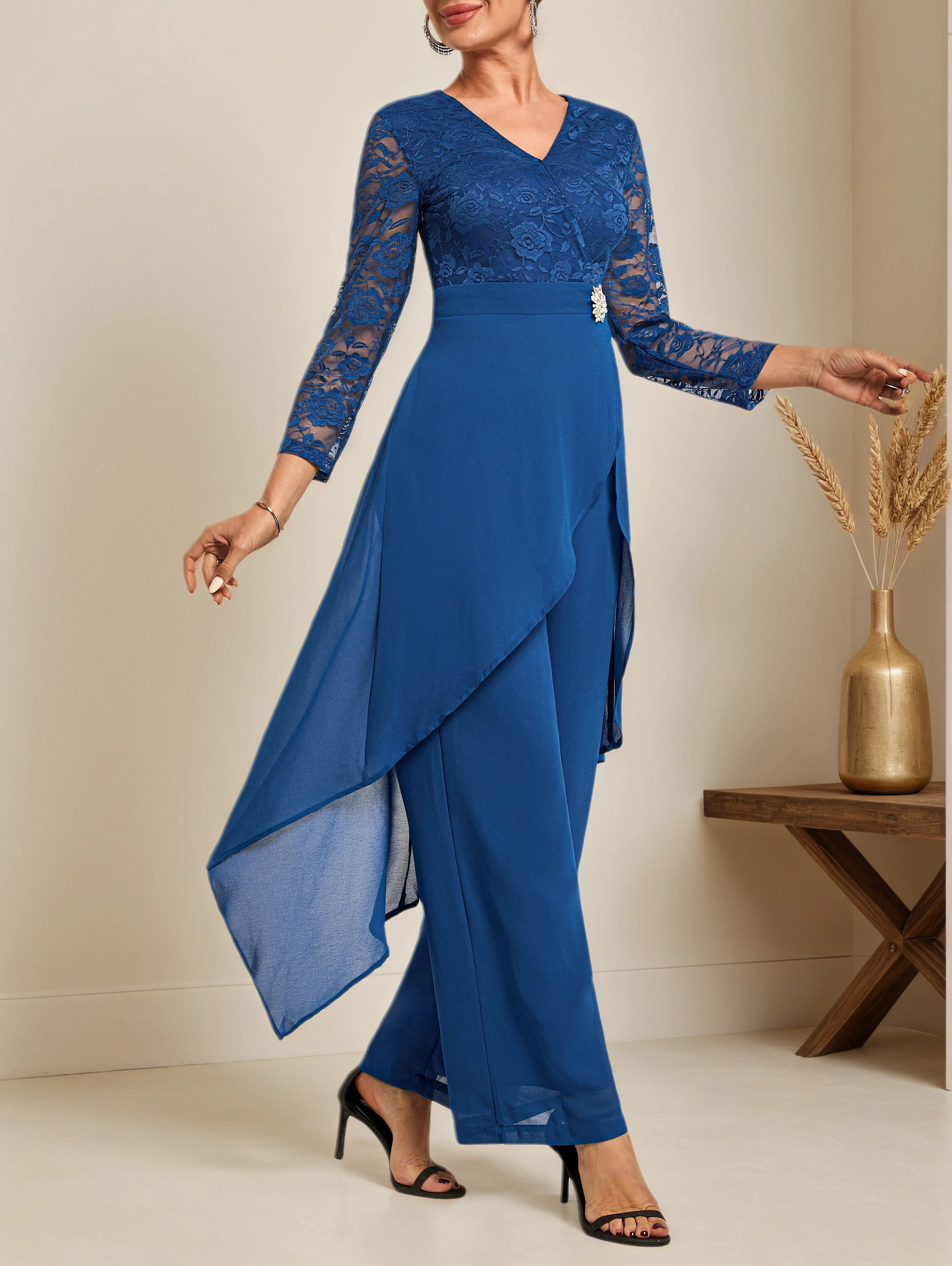 Women Blue Lace V Neck Three Quarter Sleeve Mother of the Bride or Groom Top With Pants Two-Piece Set