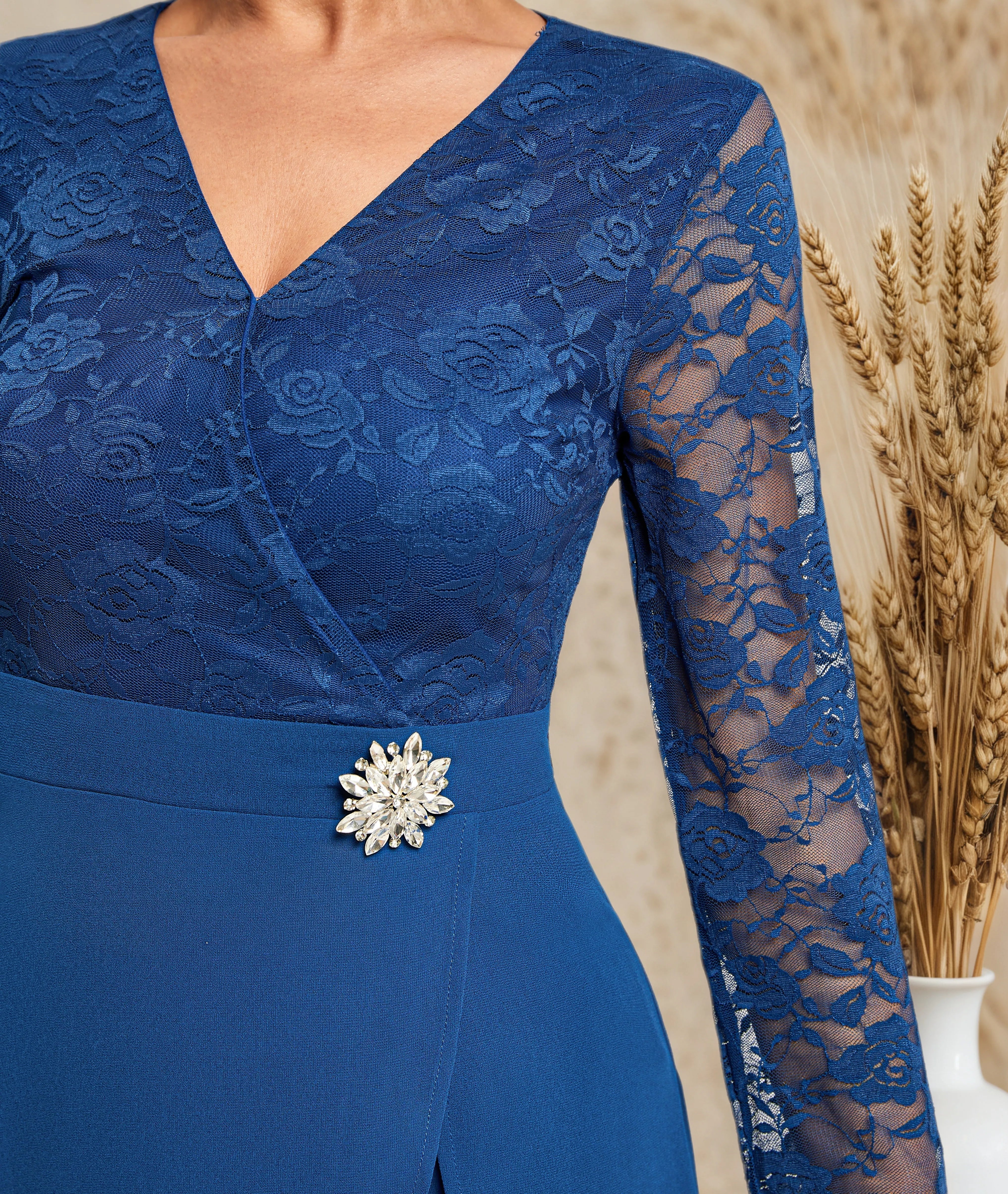 Women Blue Lace V Neck Three Quarter Sleeve Mother of the Bride or Groom Top With Pants Two-Piece Set