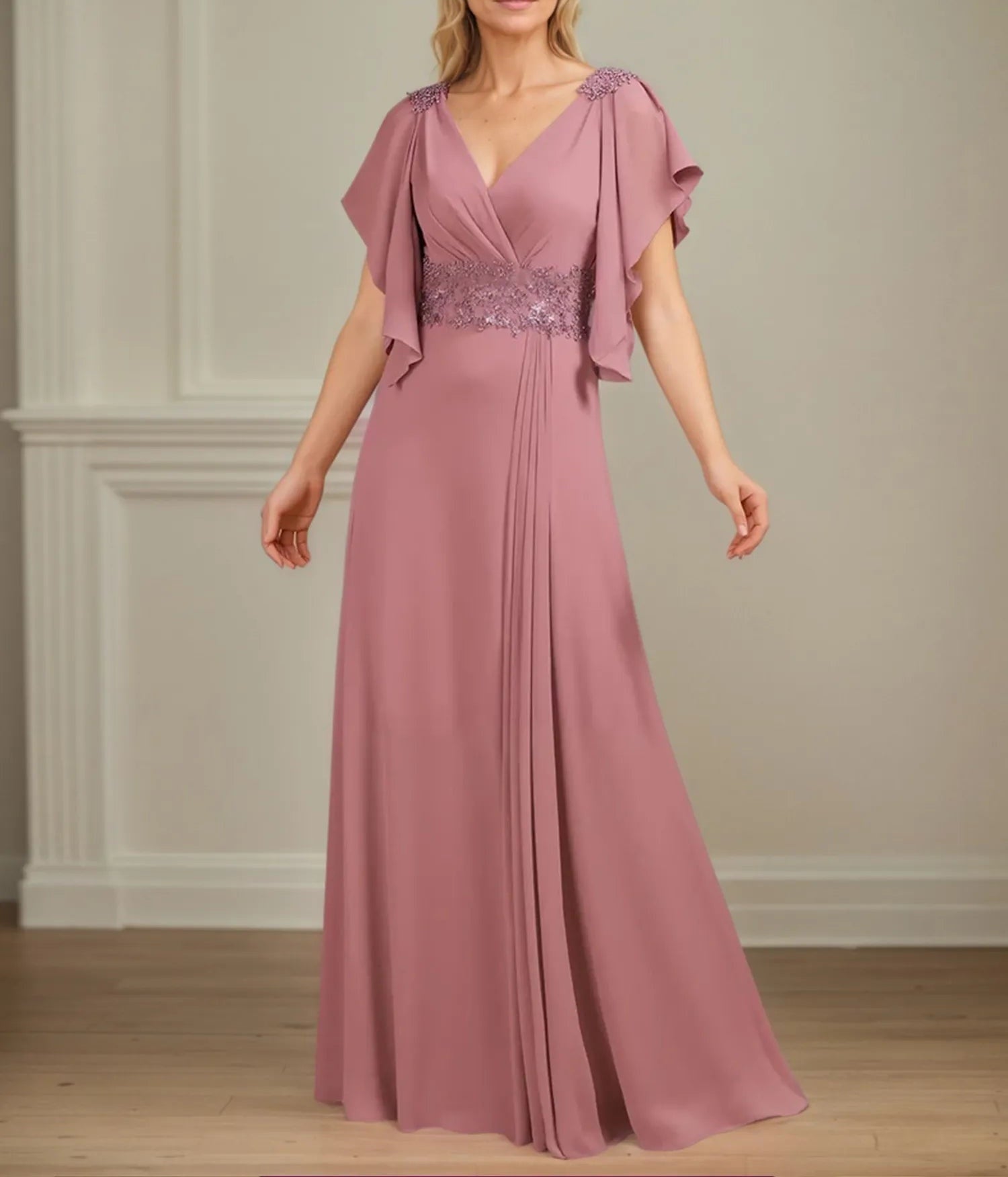 A Line V Neck Appliqued Floor Length Mother of the Bride Dress with Ruffles