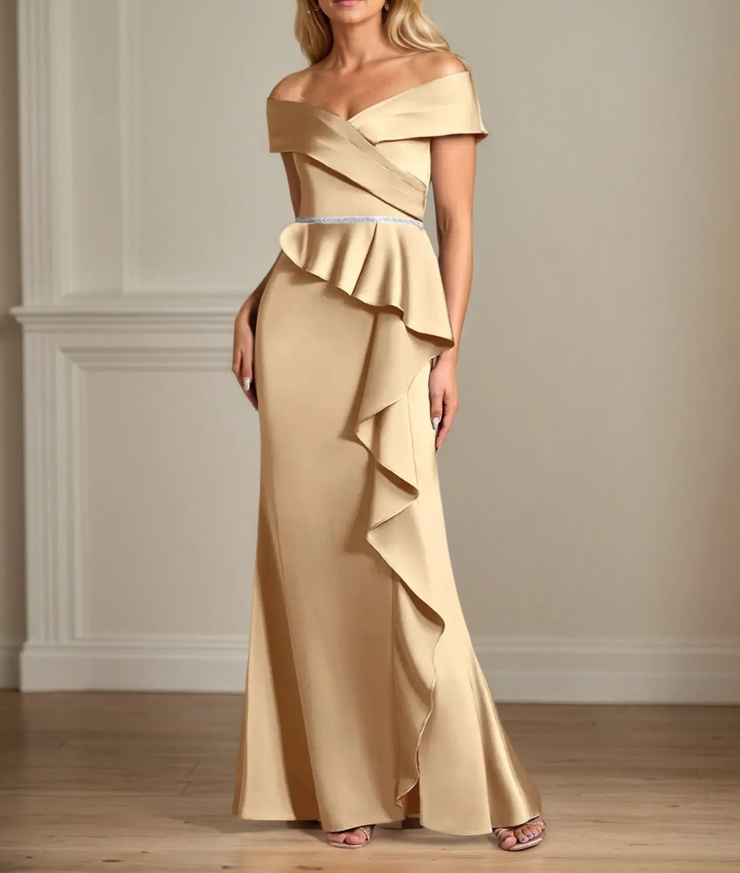 Trumpet/Mermaid Off the Shoulder Floor Length Satin Mother Of the Bride Dress With Ruffles
