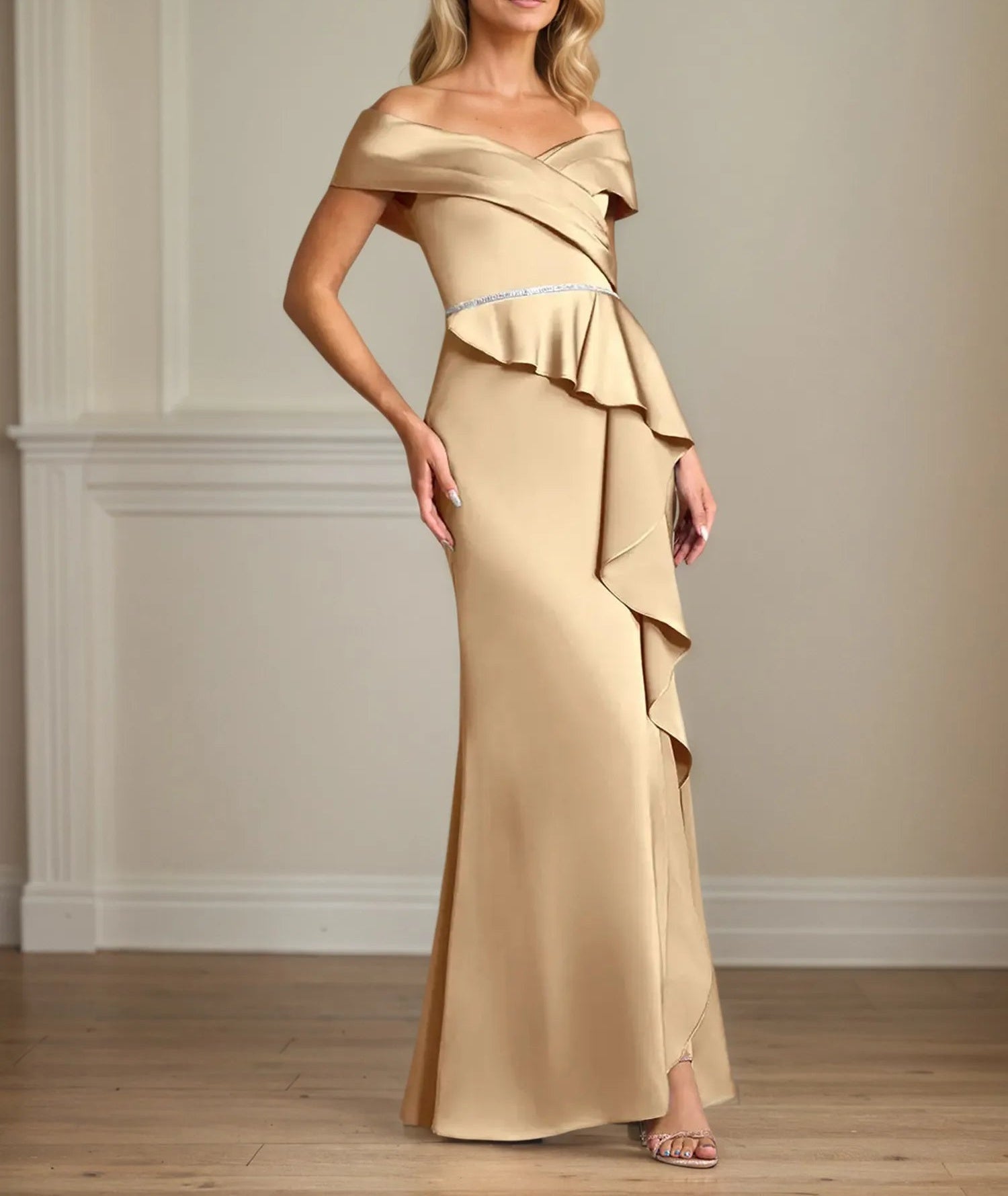 Trumpet/Mermaid Off the Shoulder Floor Length Satin Mother Of the Bride Dress With Ruffles