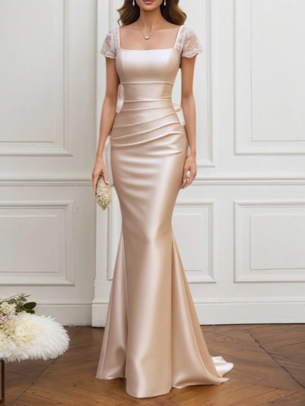 square neck champagne dress Mother of the Bride Dress Champagne Satin Square Neck Maxi Dress