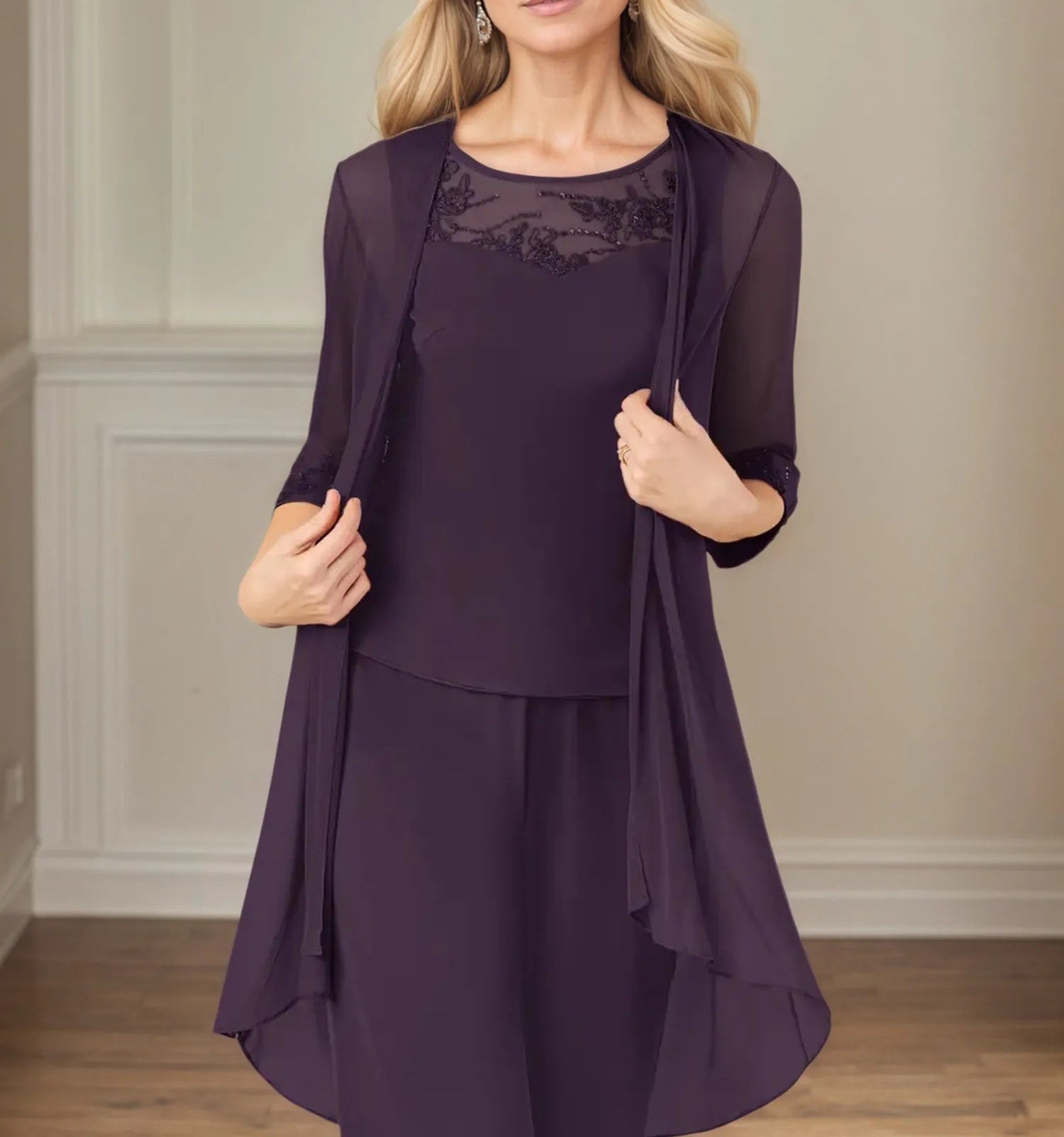 Jumpsuit/Pantsuit Scoop Neck 3/4 Sleeves Chiffon Mother of the Bride Dress