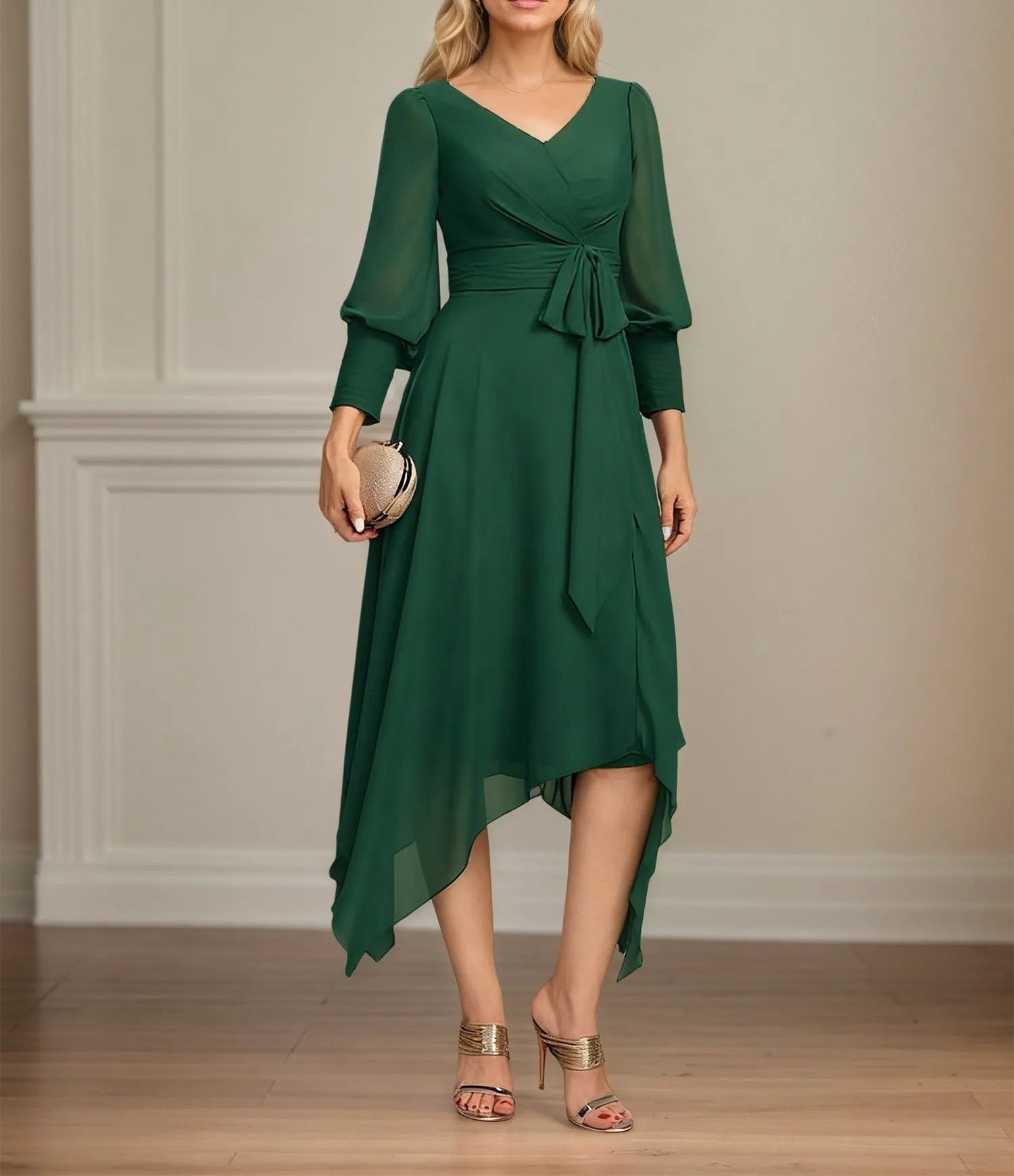 A-line V-Neck Asymmetrical Chiffon Mother of the Bride Dress With Bow Pleated