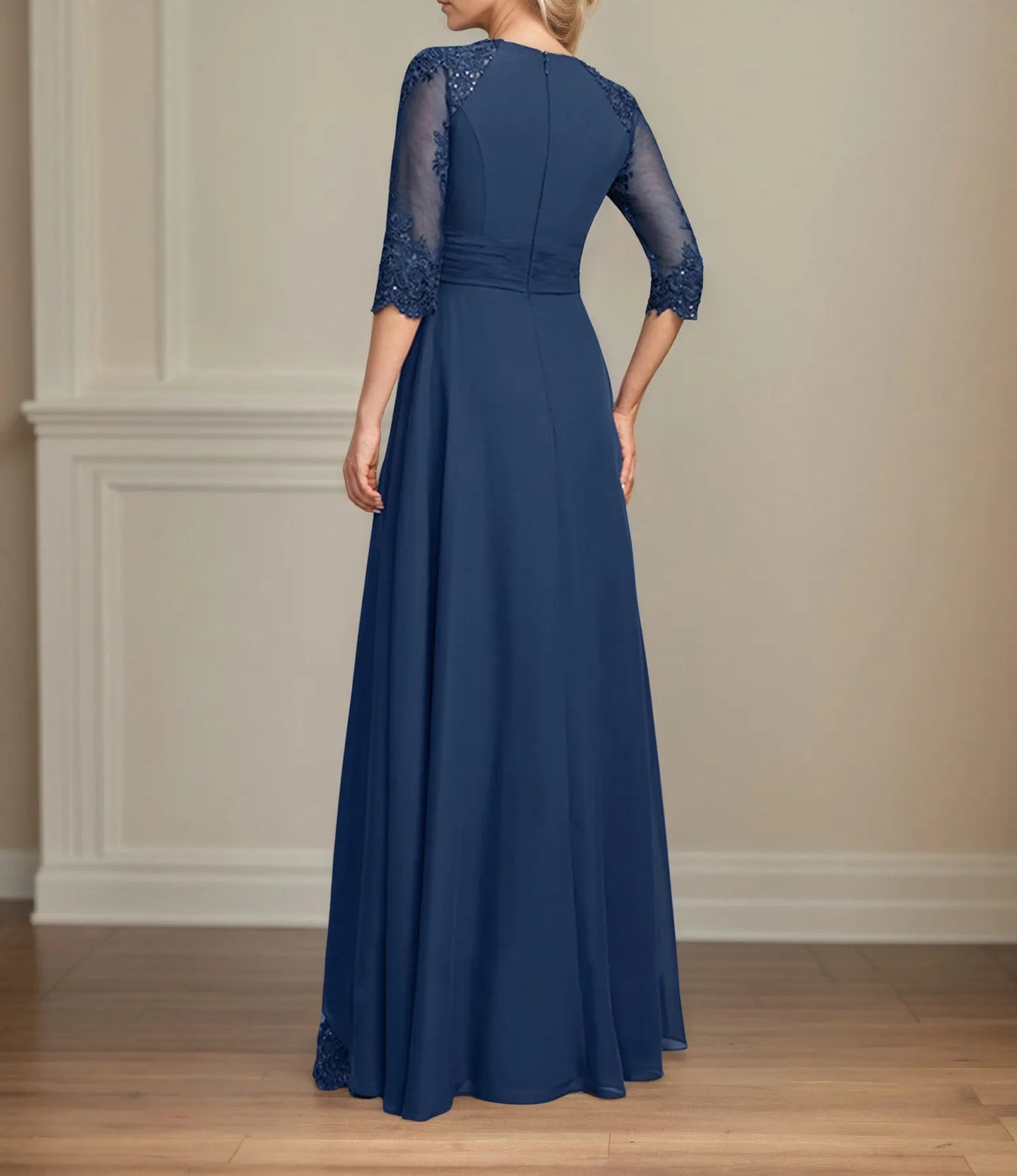 A-line Square Floor-Length Lace Chiffon Mother of the Bride Dress With Pleated Sequins