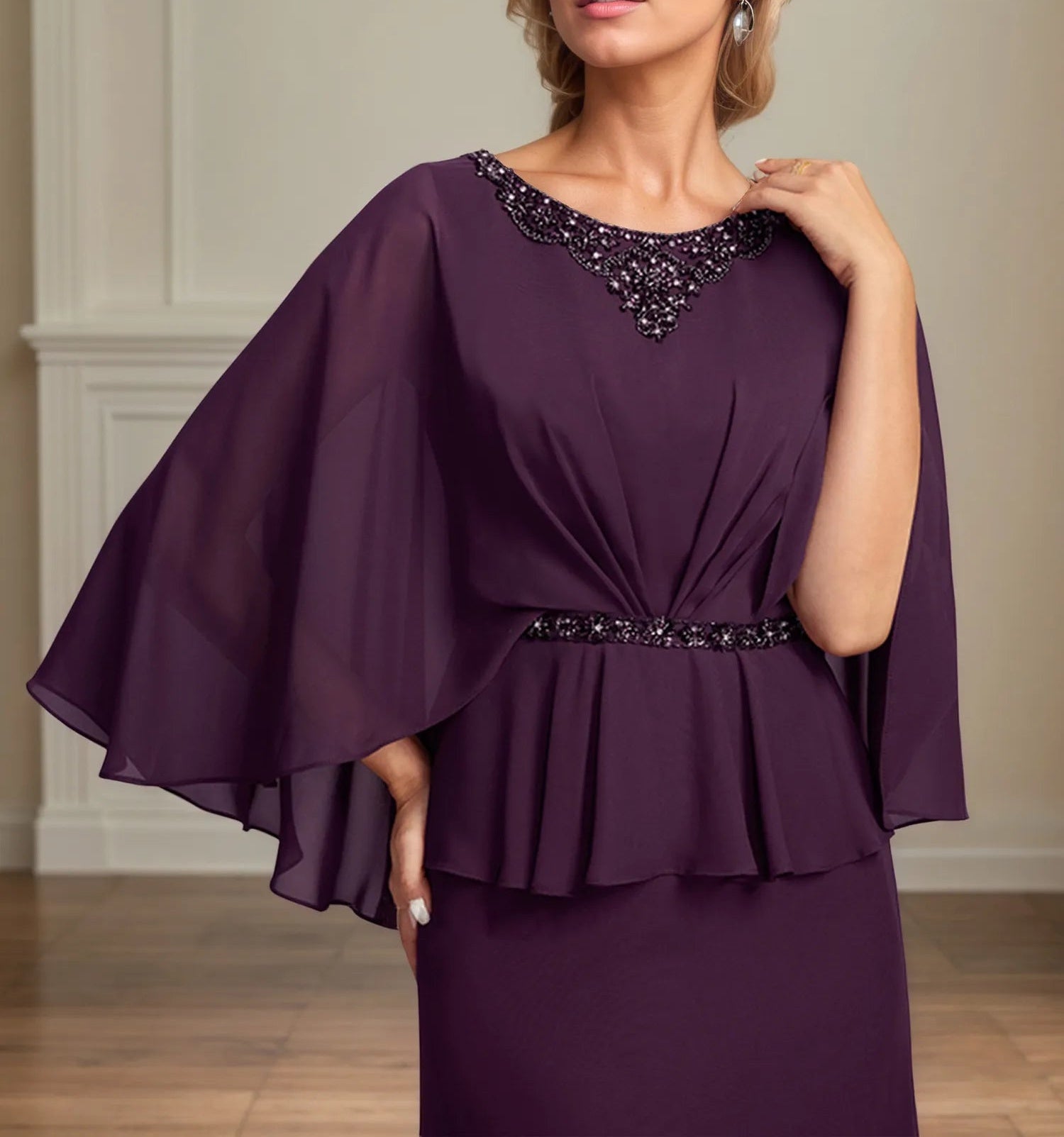 A-line Scoop Floor-Length Chiffon Mother of the Bride Dress With Pleated Sequins Beading