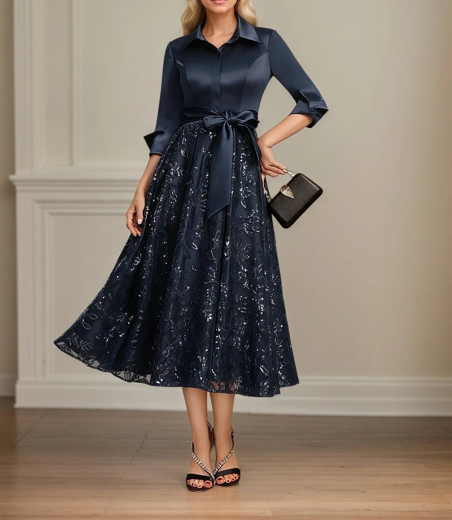 A-line Collared V-Neck Tea-Length Satin Lace Sequin Mother of the Bride Dress With Bow
