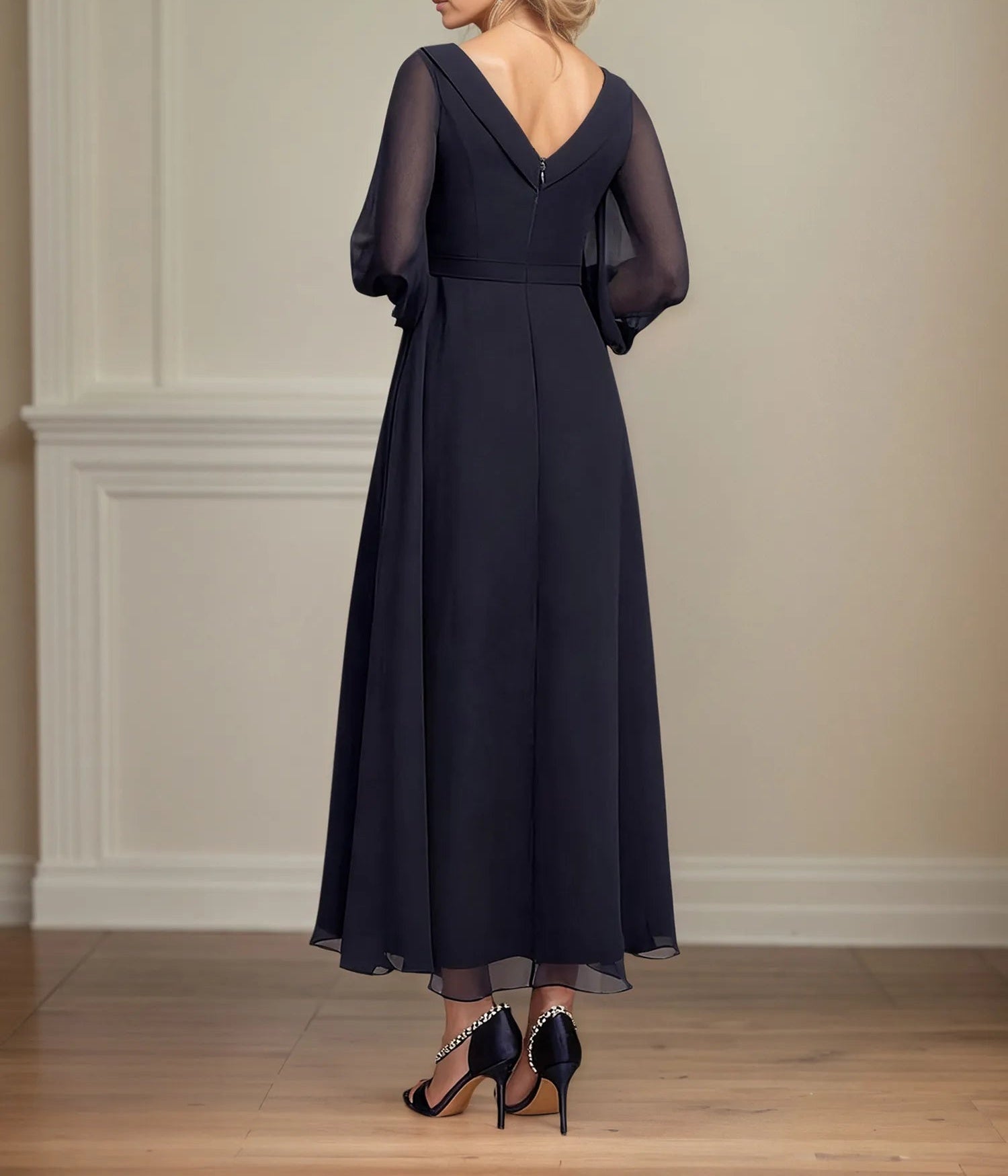 A-line V-Neck Collared Ankle-Length Chiffon Mother of the Bride Dress With Pleated