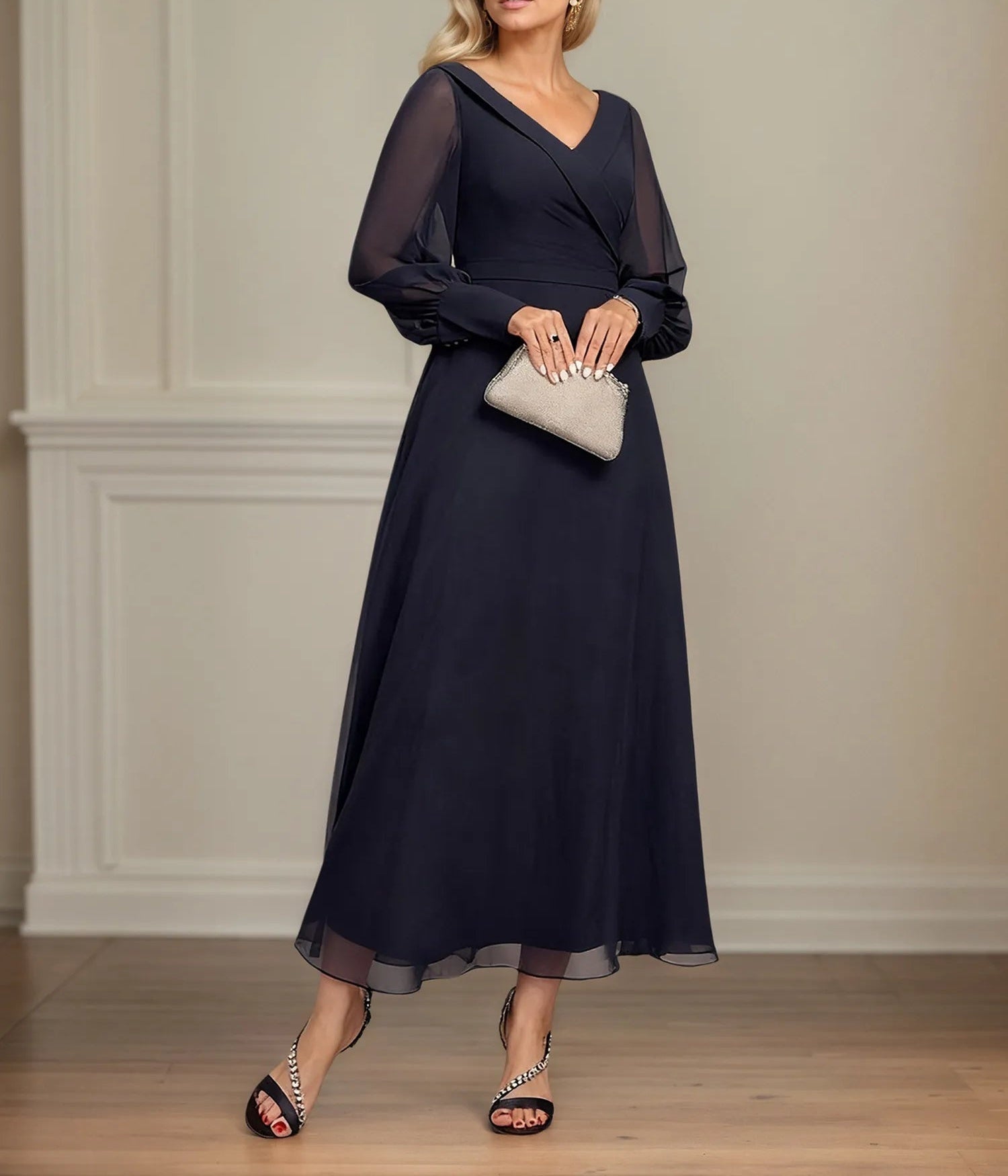 A-line V-Neck Collared Ankle-Length Chiffon Mother of the Bride Dress With Pleated