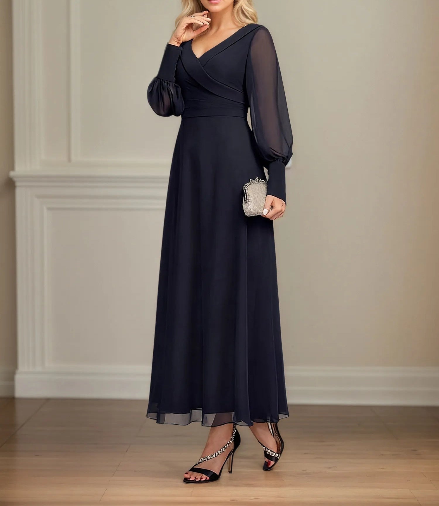 A-line V-Neck Collared Ankle-Length Chiffon Mother of the Bride Dress With Pleated