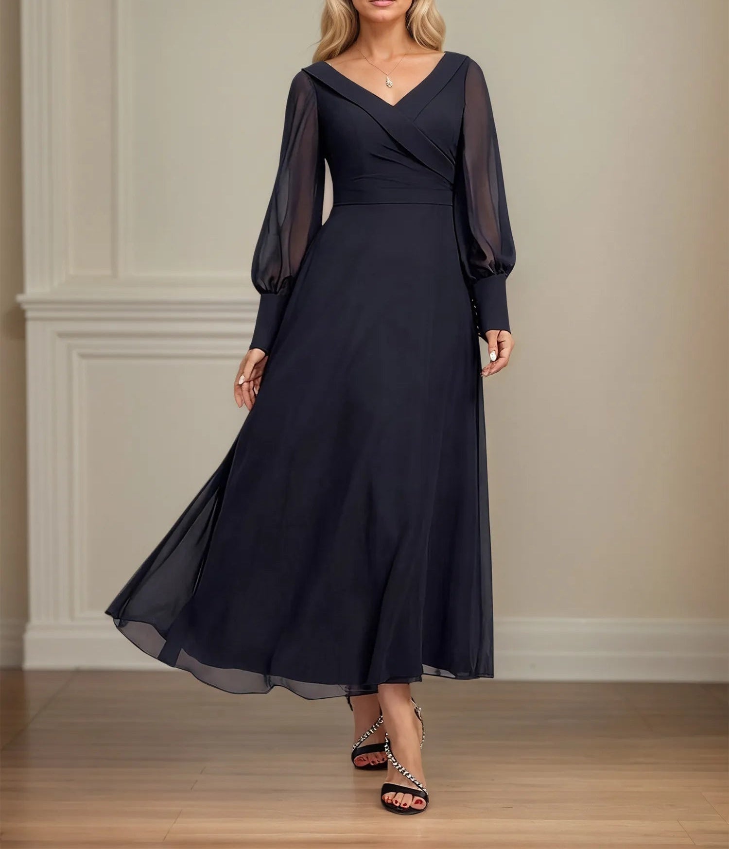 A-line V-Neck Collared Ankle-Length Chiffon Mother of the Bride Dress With Pleated
