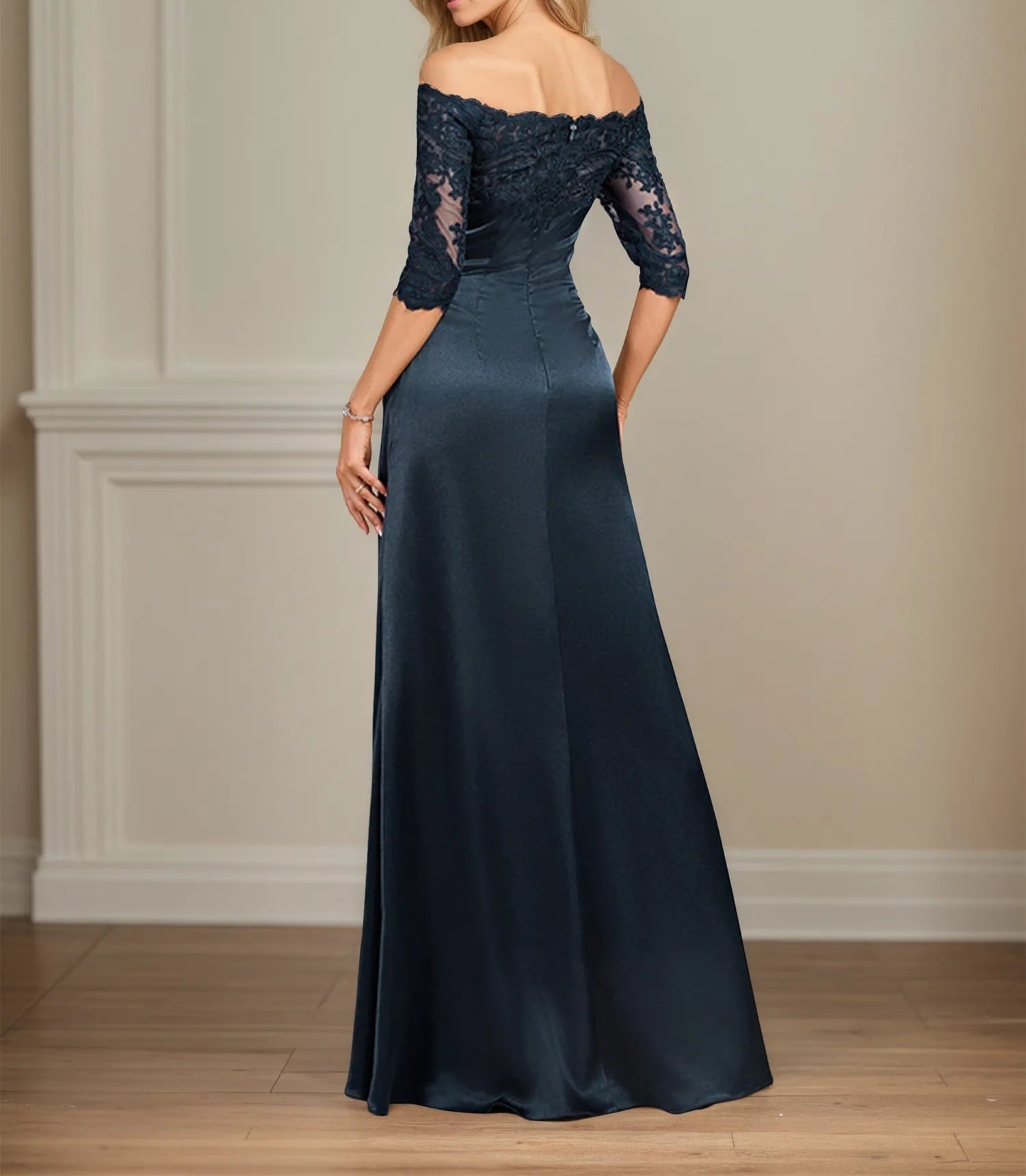 Sheath/Column Off the Shoulder Floor-Length Lace Stretch Satin Evening
