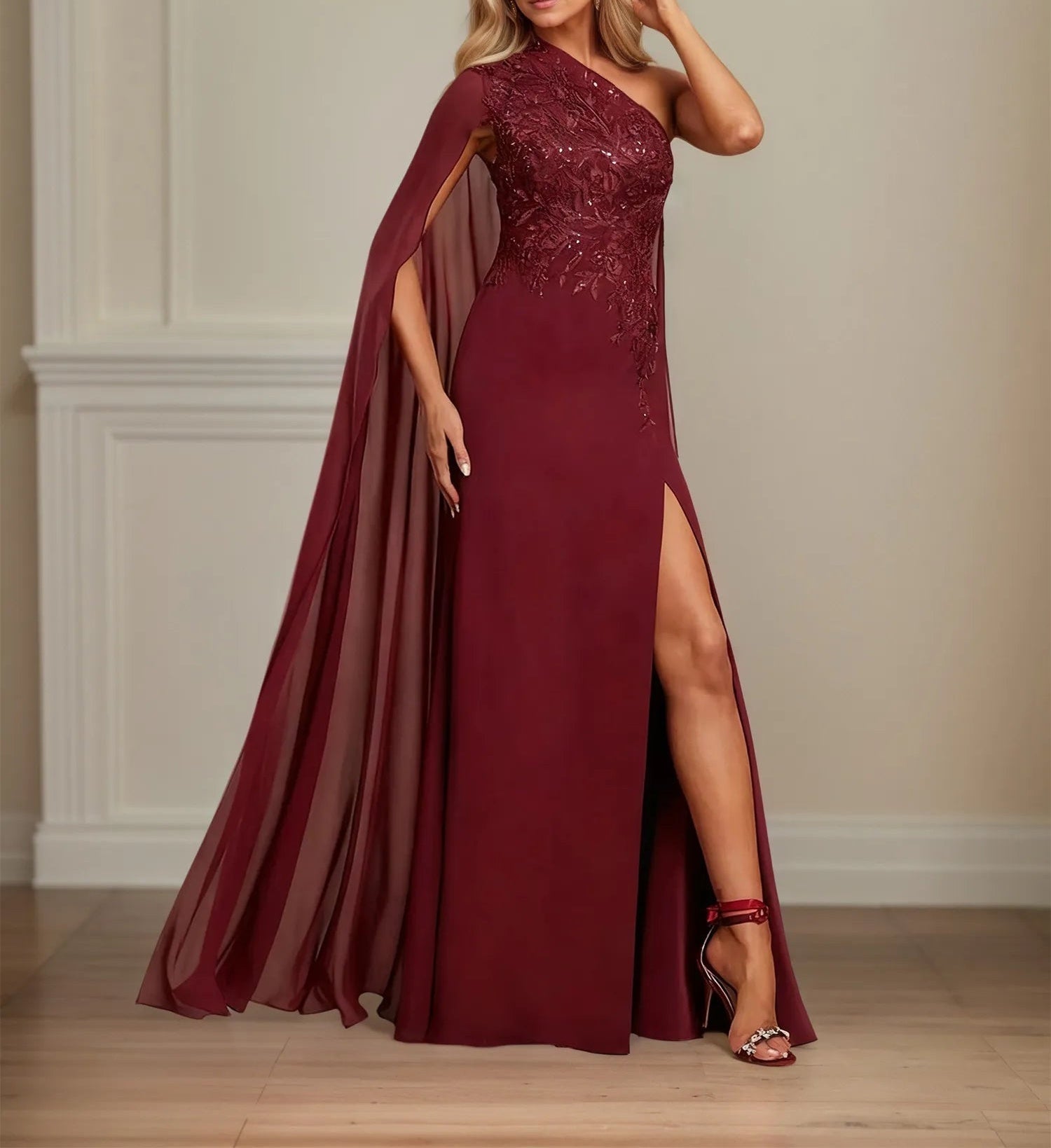 Sheath/Column One Shoulder Floor-Length Chiffon Mother of the Bride Dress With Appliques